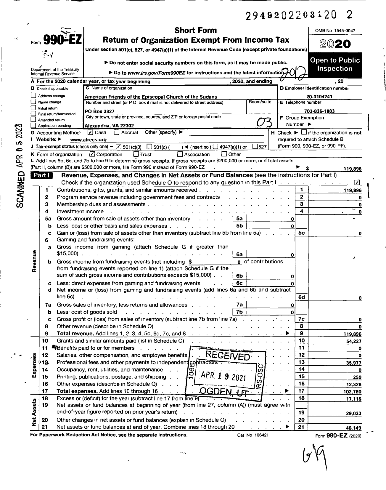 Image of first page of 2020 Form 990EZ for American Friends of the Episcopal Church of the Sudans