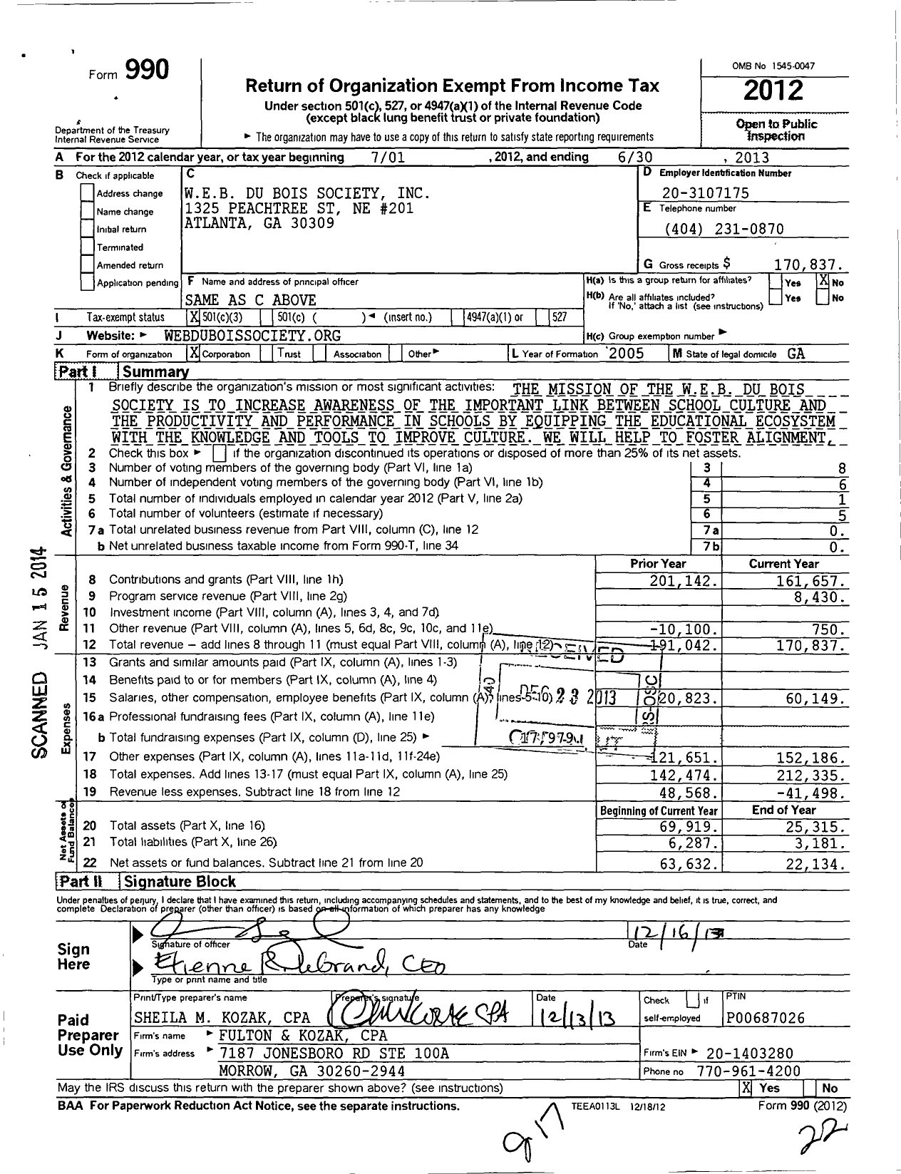 Image of first page of 2012 Form 990 for W E B Du Bois Society