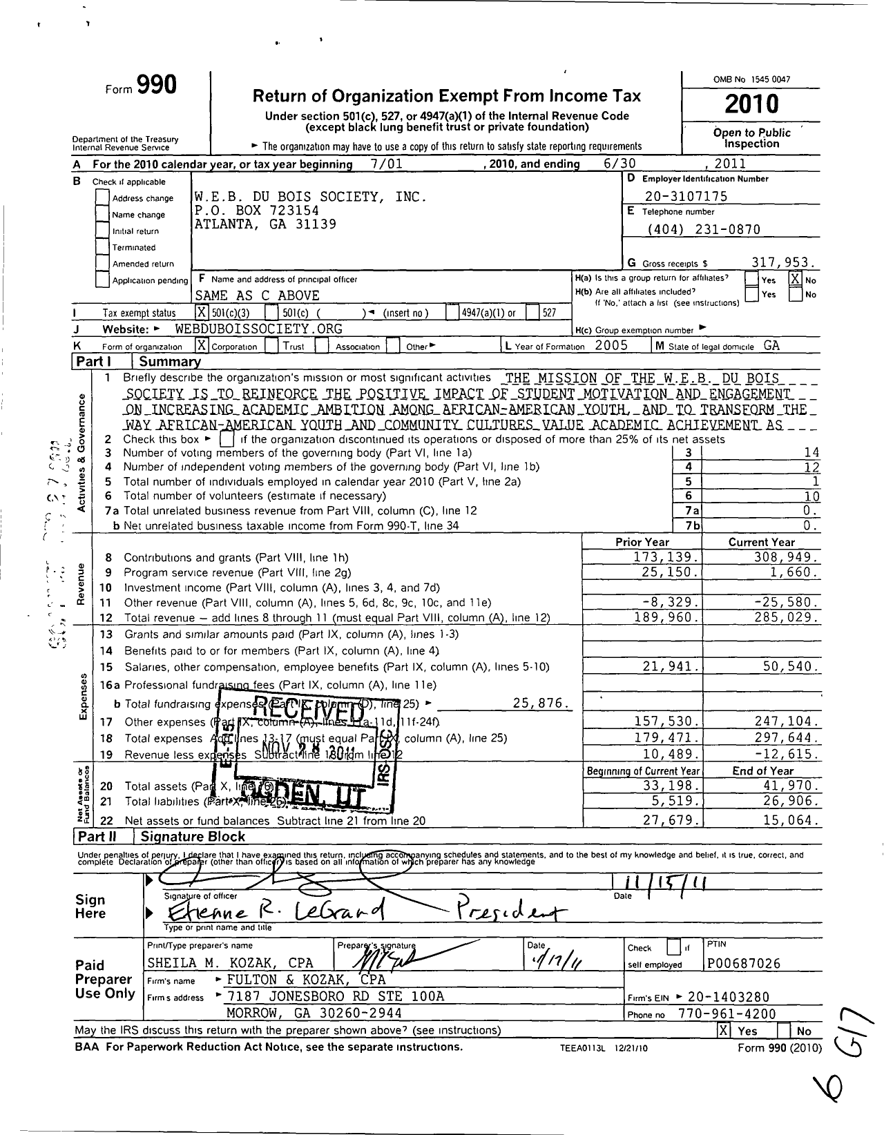 Image of first page of 2010 Form 990 for W E B Du Bois Society