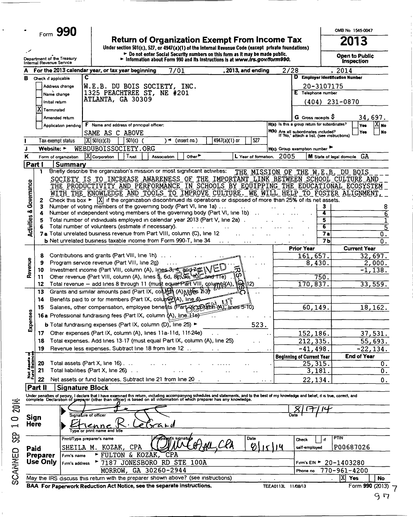 Image of first page of 2013 Form 990 for W E B Du Bois Society