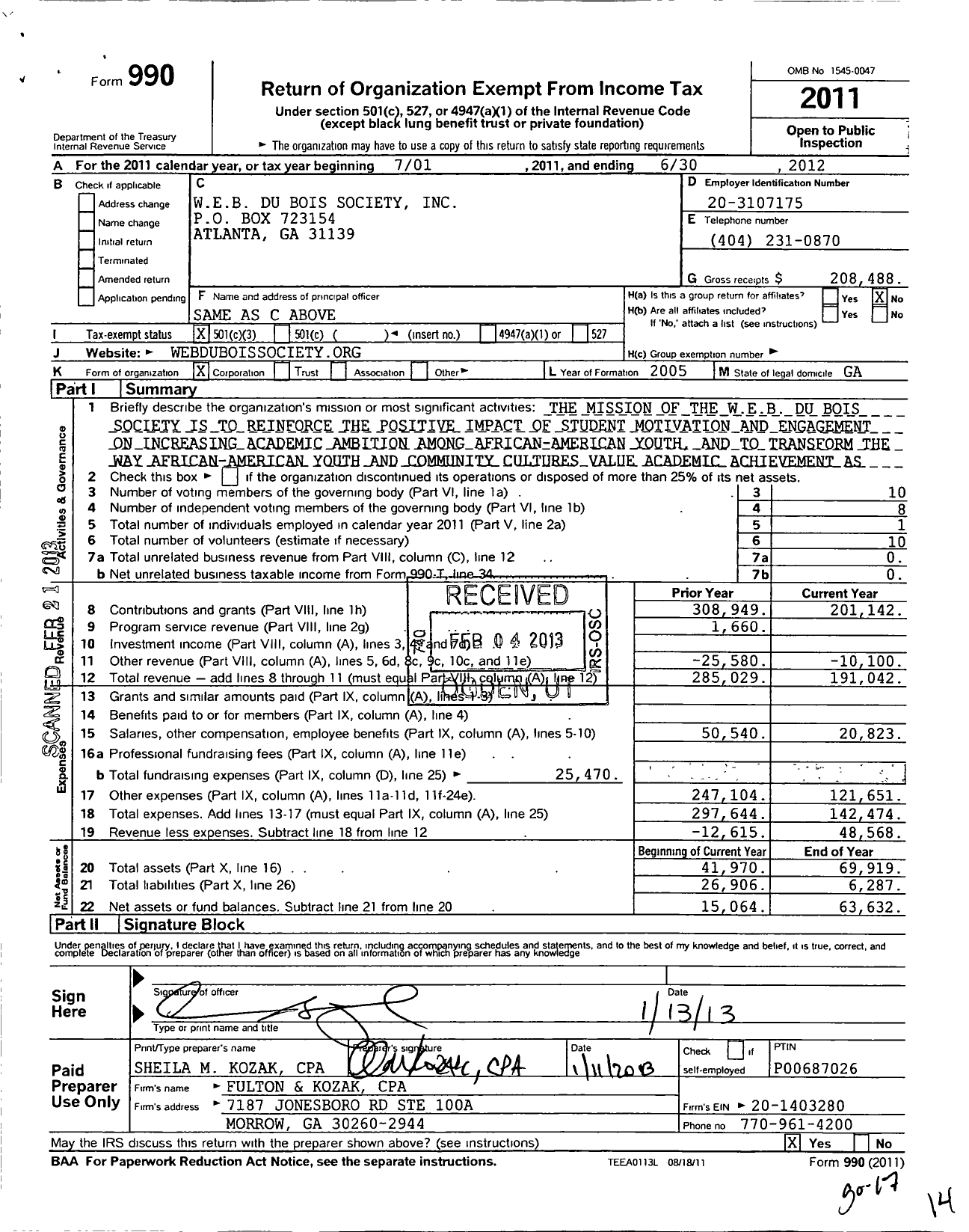 Image of first page of 2011 Form 990 for W E B Du Bois Society