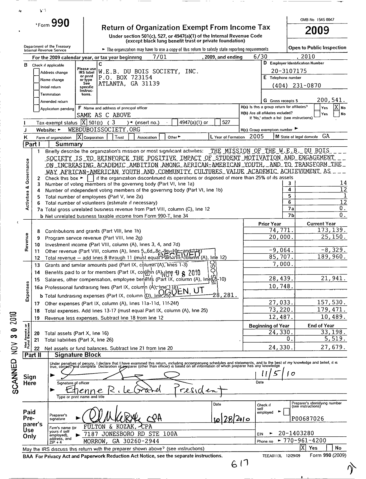 Image of first page of 2009 Form 990 for W E B Du Bois Society