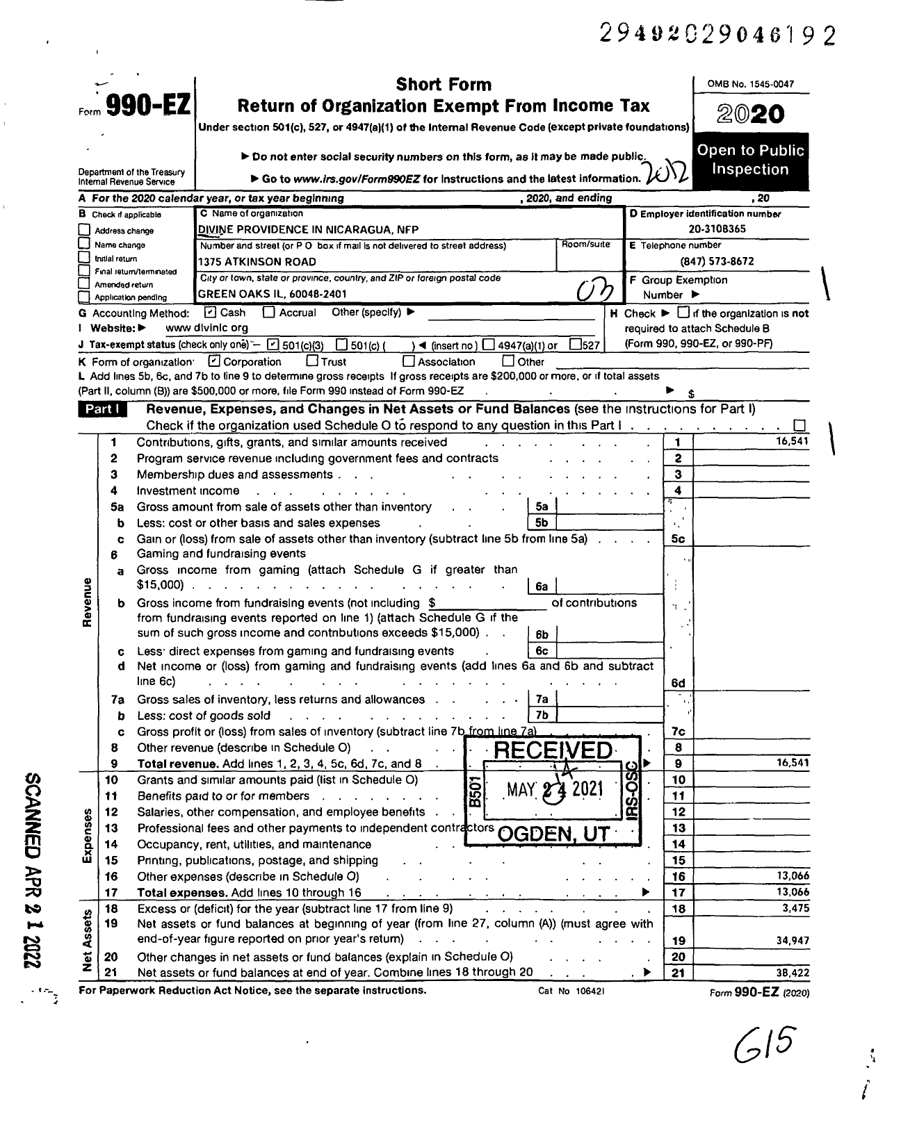 Image of first page of 2020 Form 990EZ for Divine Providence in Nicaragua NFP