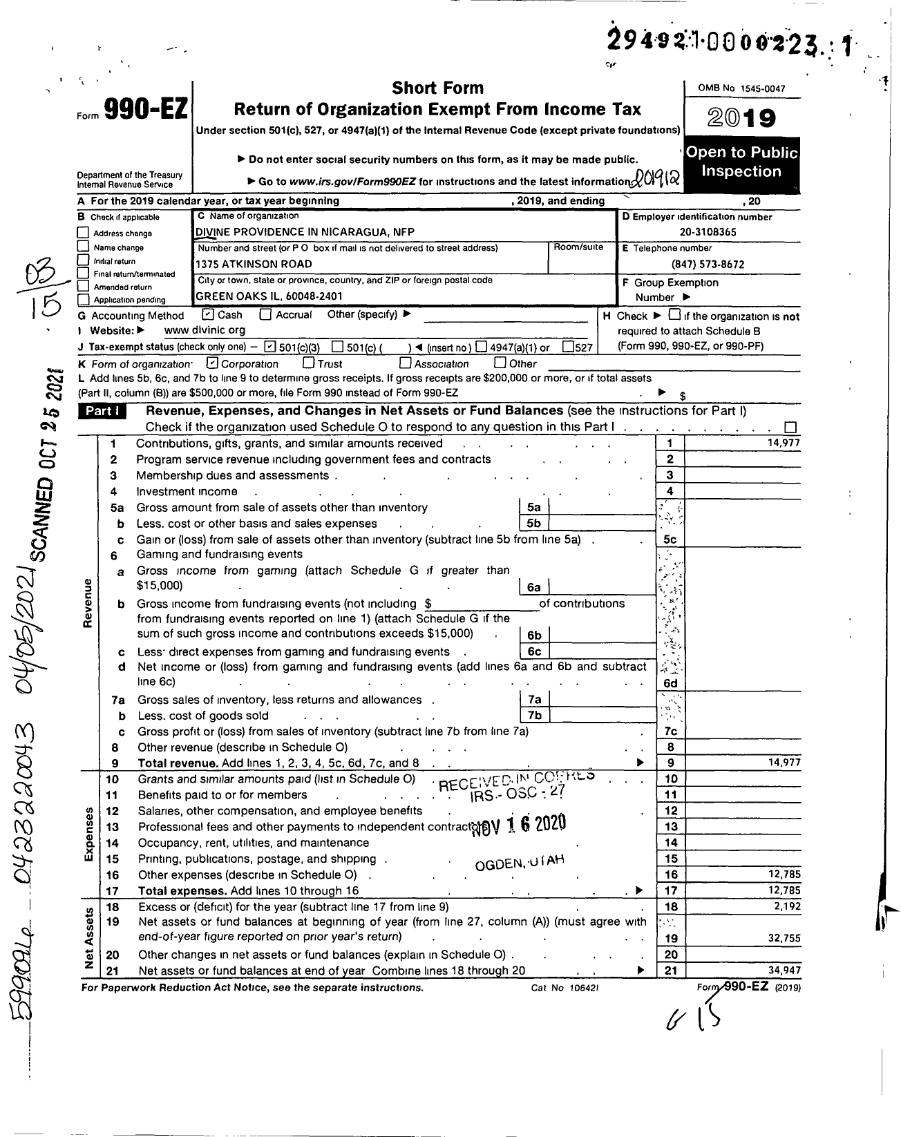 Image of first page of 2019 Form 990EZ for Divine Providence in Nicaragua NFP