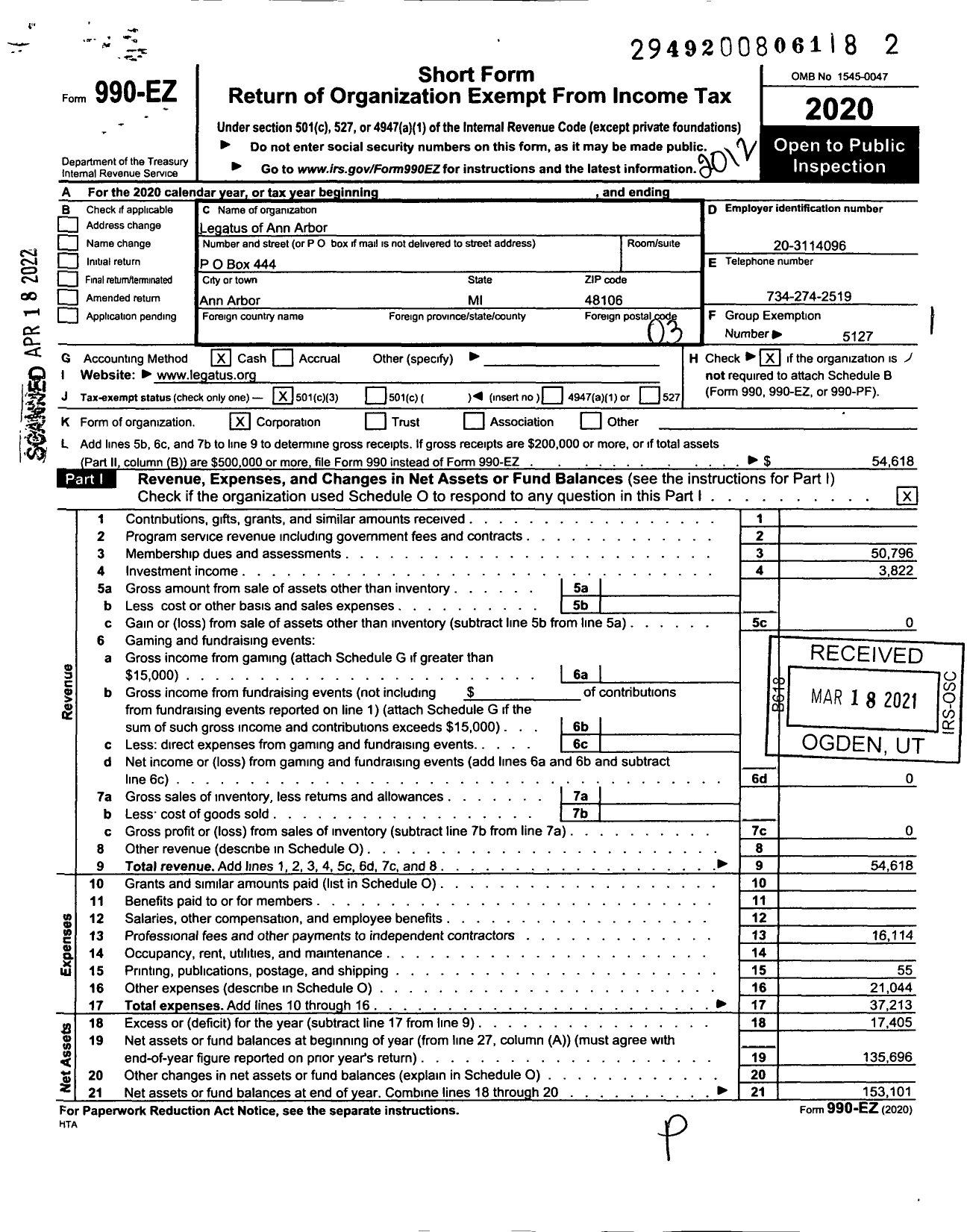 Image of first page of 2020 Form 990EZ for Legatus of Ann Arbor