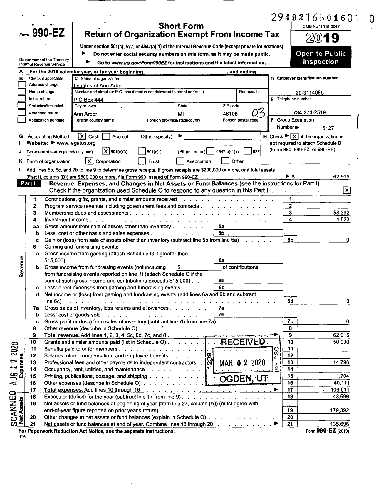 Image of first page of 2019 Form 990EZ for Legatus of Ann Arbor