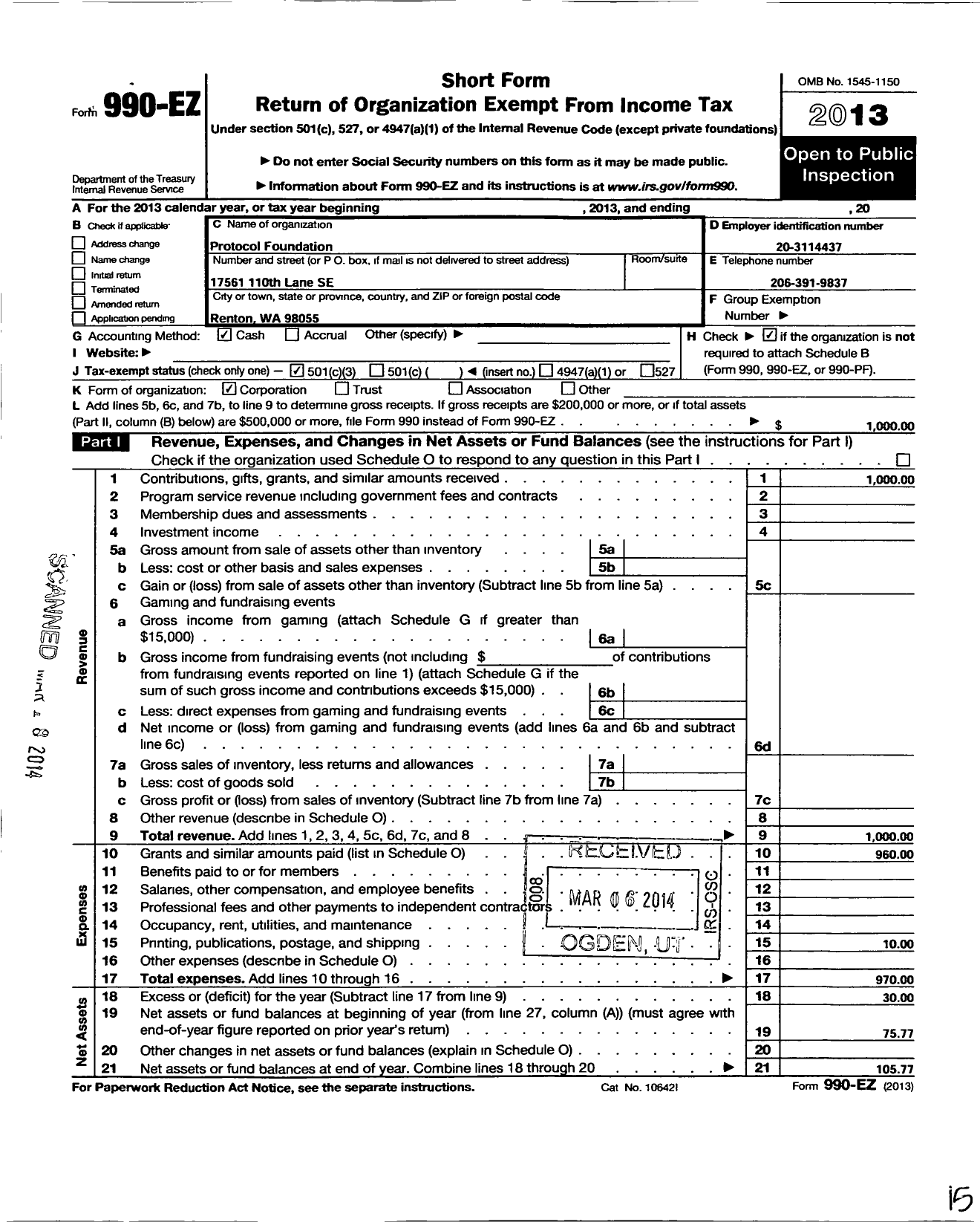 Image of first page of 2013 Form 990EZ for Protocol Foundation