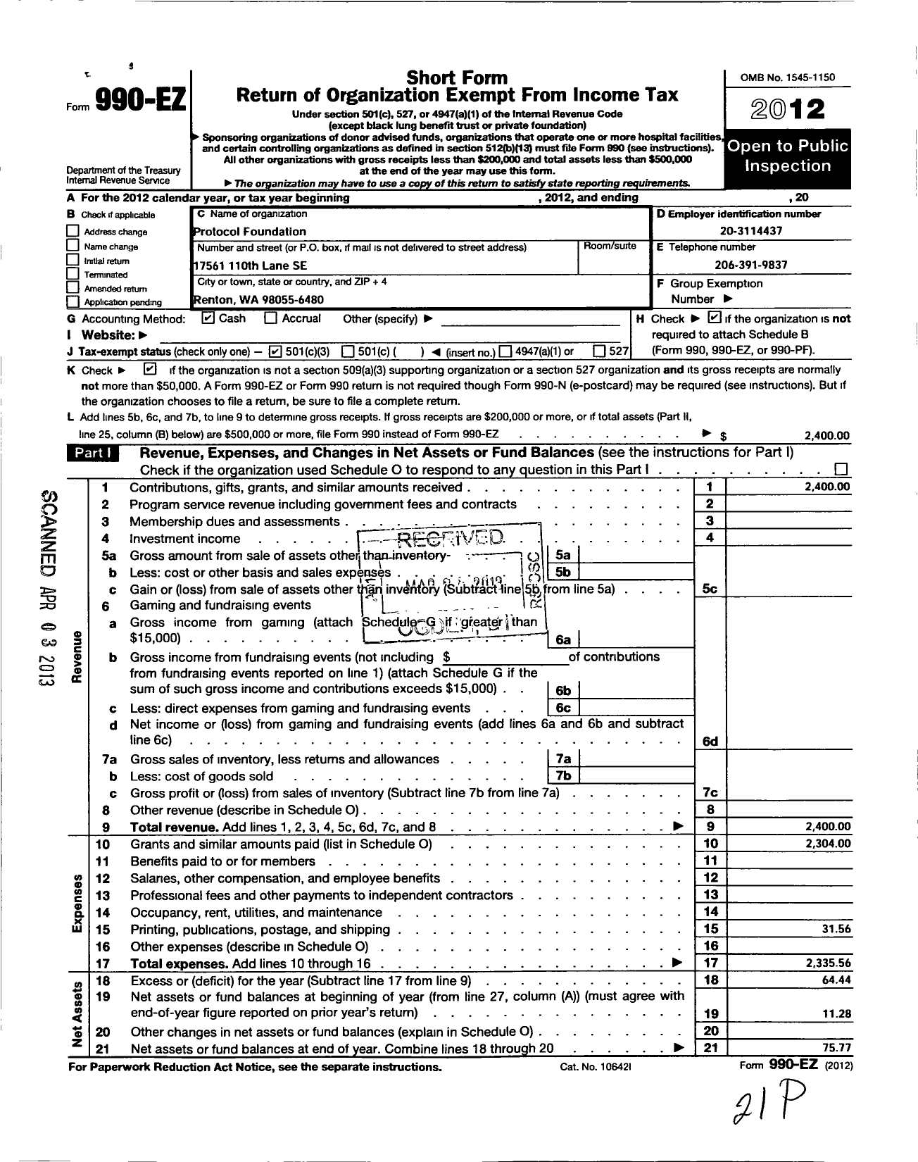 Image of first page of 2012 Form 990EZ for Protocol Foundation