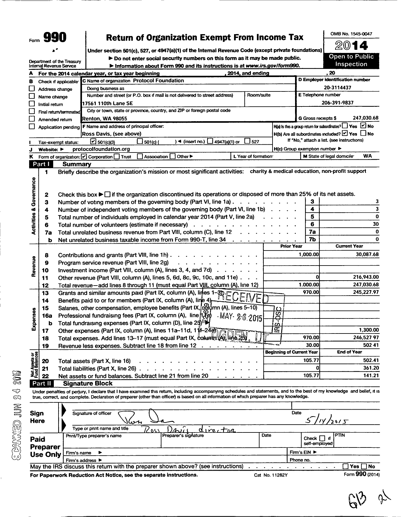 Image of first page of 2014 Form 990 for Protocol Foundation