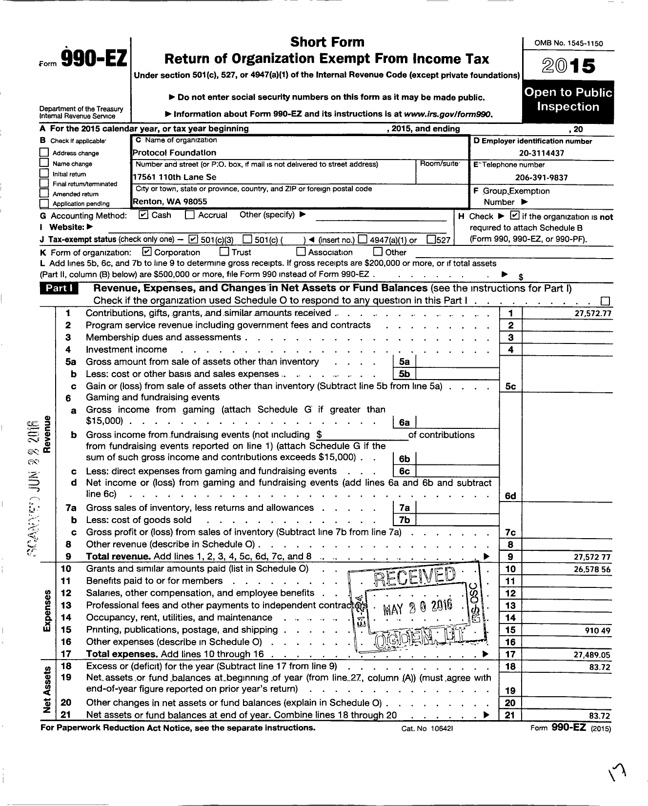 Image of first page of 2015 Form 990EZ for Protocol Foundation