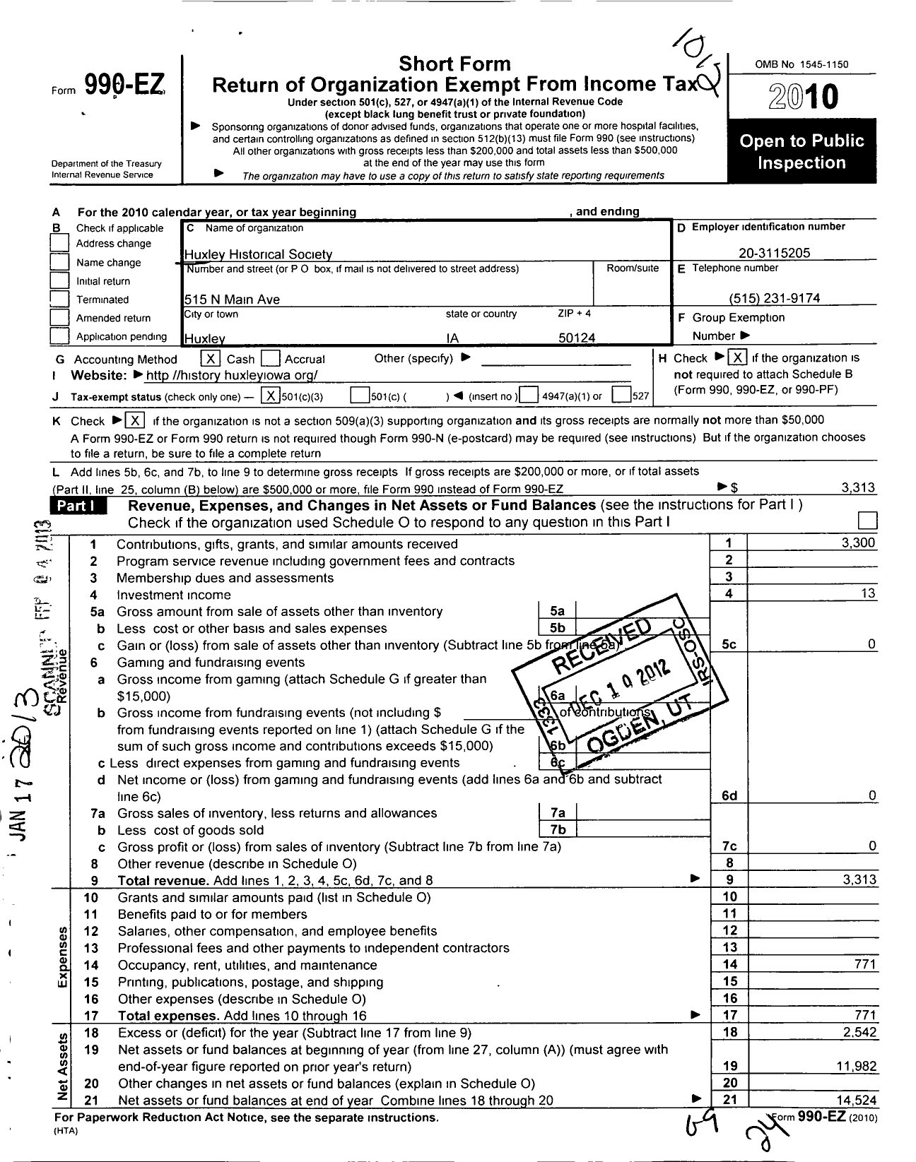 Image of first page of 2010 Form 990EZ for Huxley Historical Society