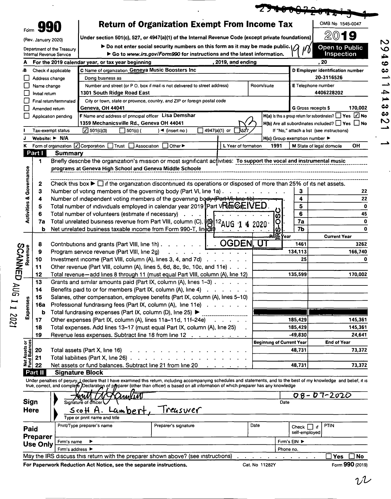 Image of first page of 2019 Form 990 for Geneva Music Boosters