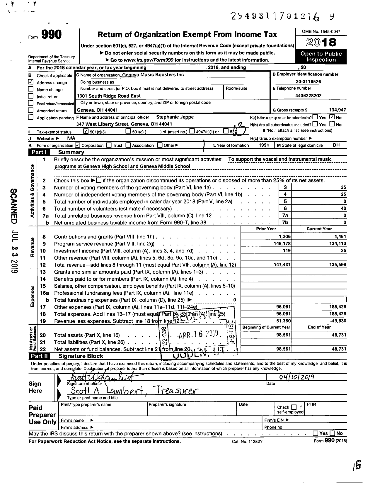 Image of first page of 2018 Form 990 for Geneva Music Boosters