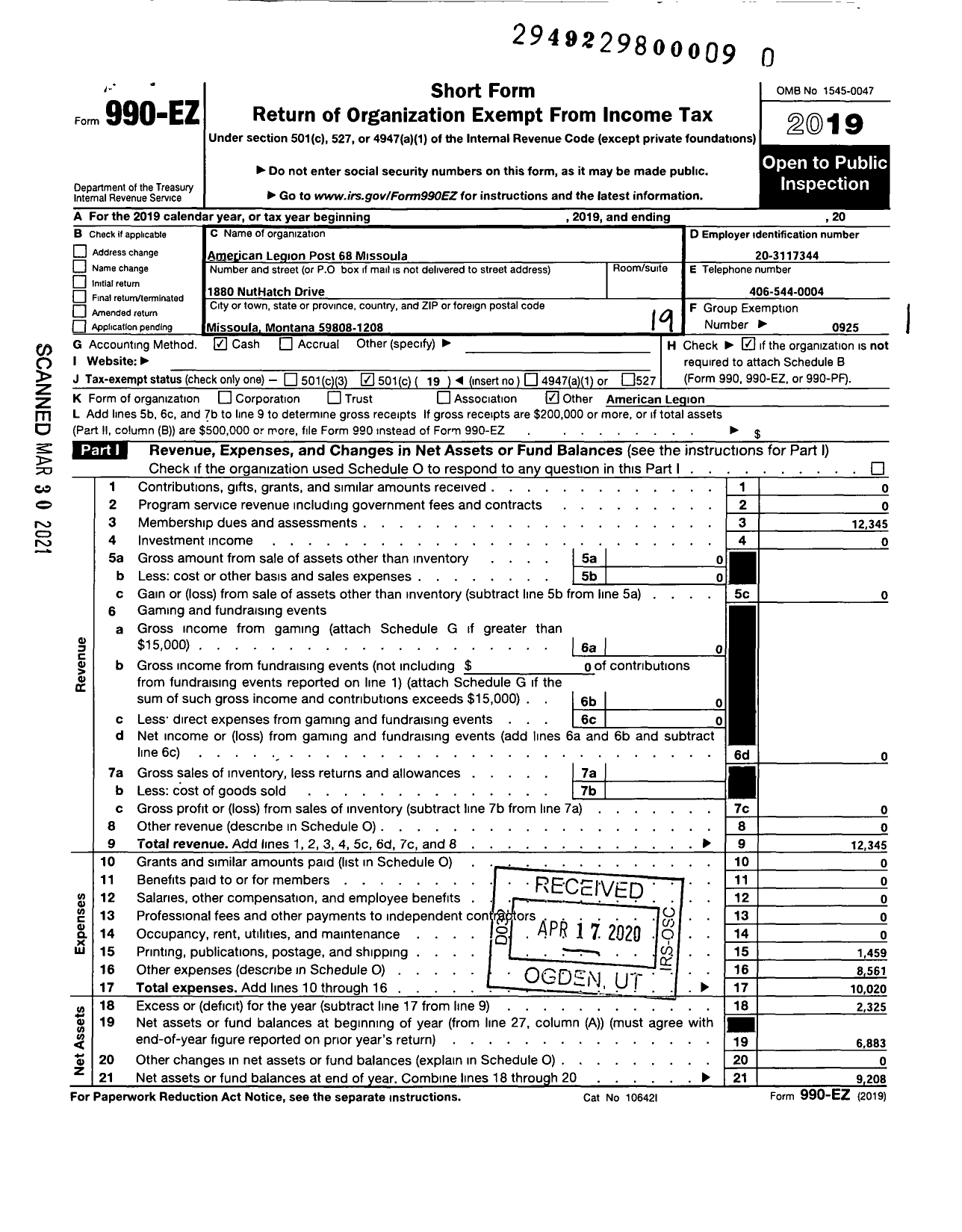 Image of first page of 2019 Form 990EO for American Legion - 68 Andrew Bedard