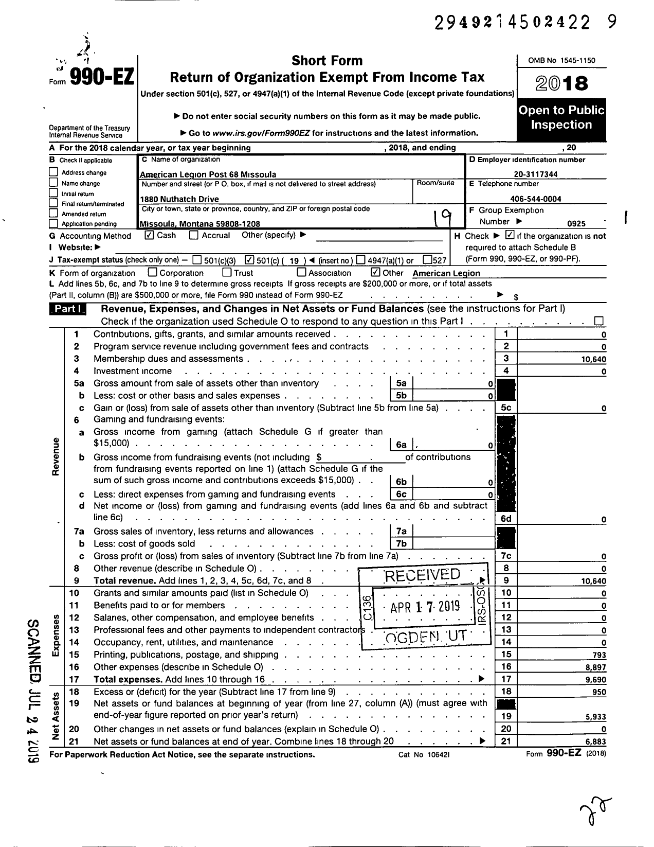 Image of first page of 2018 Form 990EO for American Legion - 68 Andrew Bedard