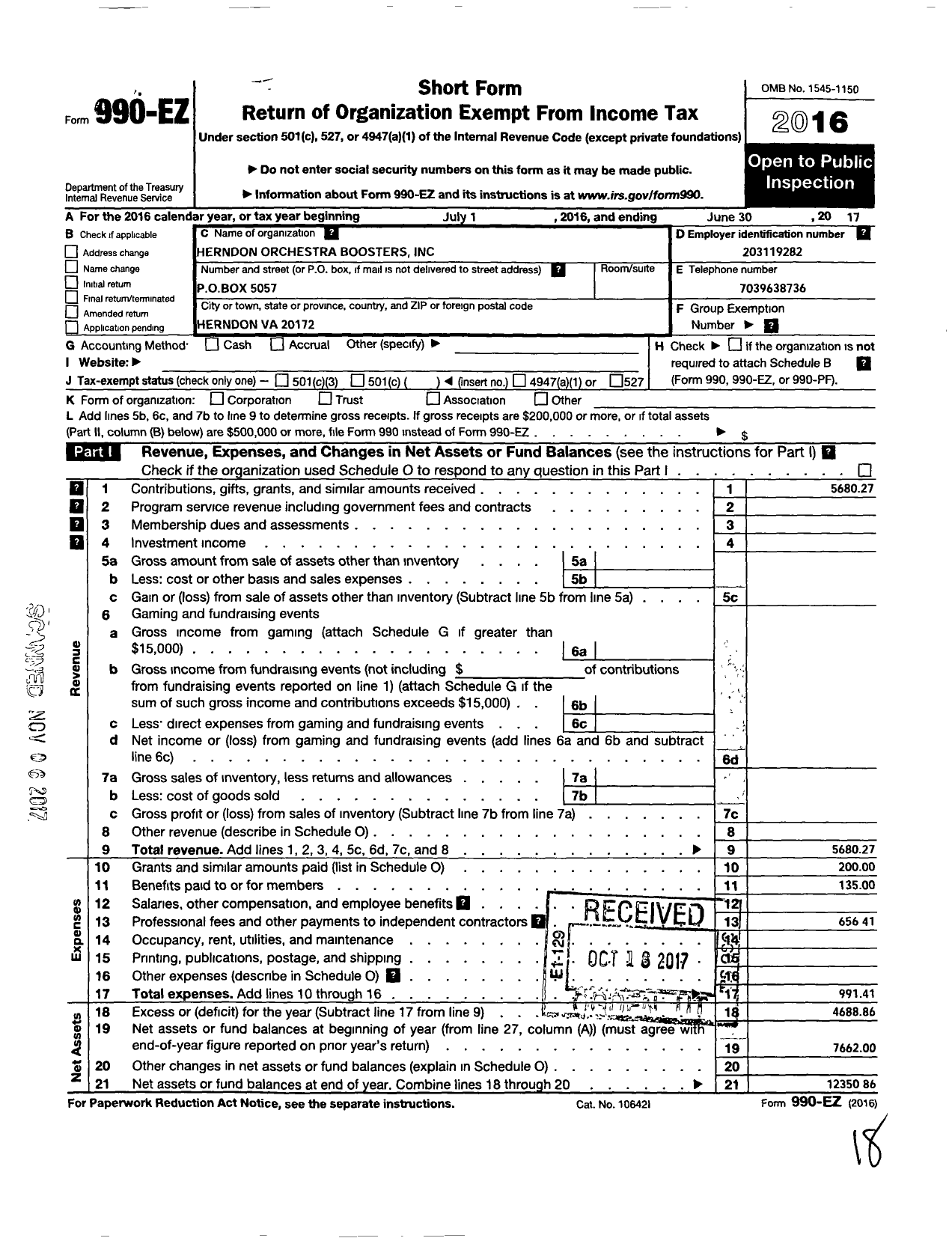 Image of first page of 2016 Form 990EO for Herndon Orchestra Network