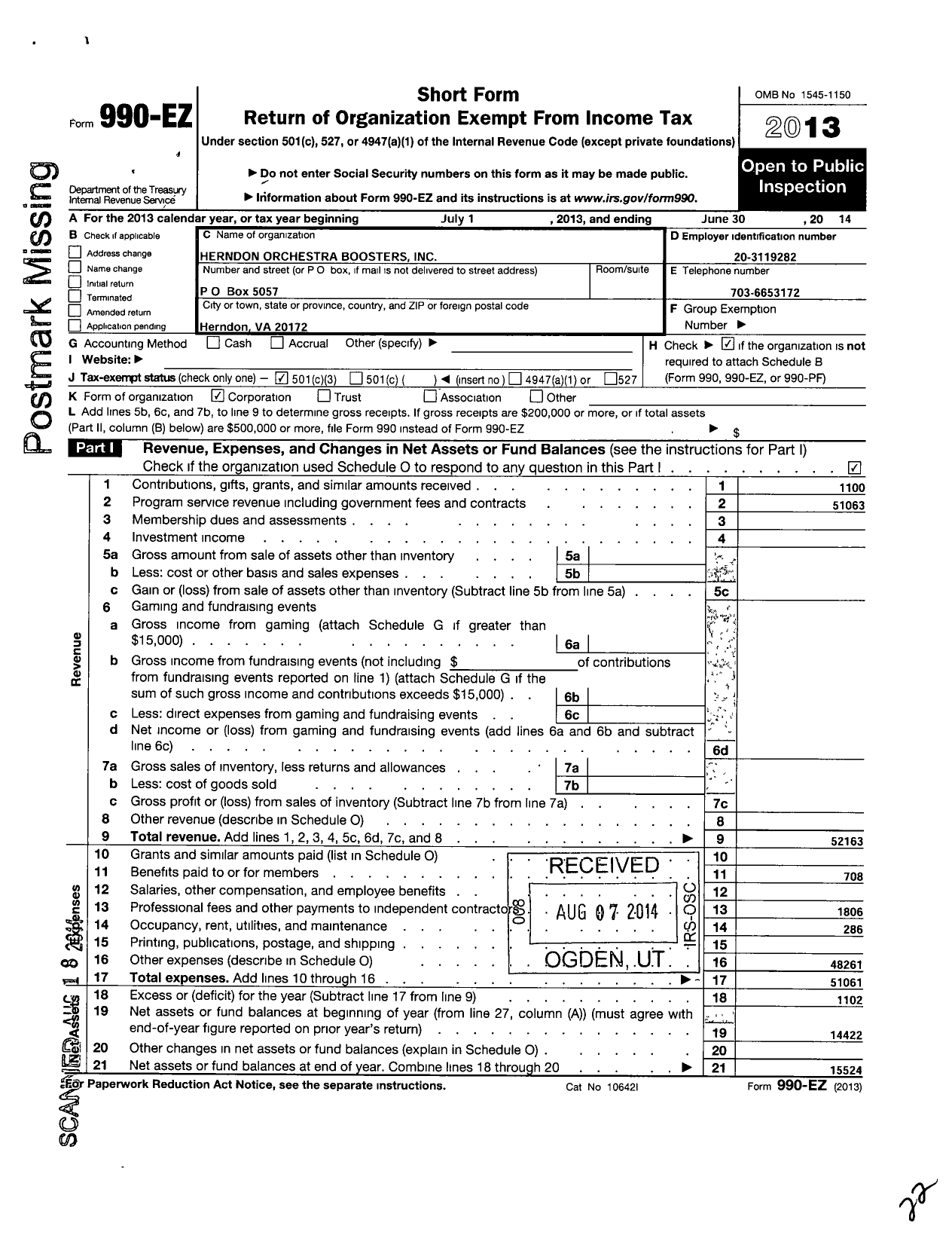 Image of first page of 2013 Form 990EZ for Herndon Orchestra Network