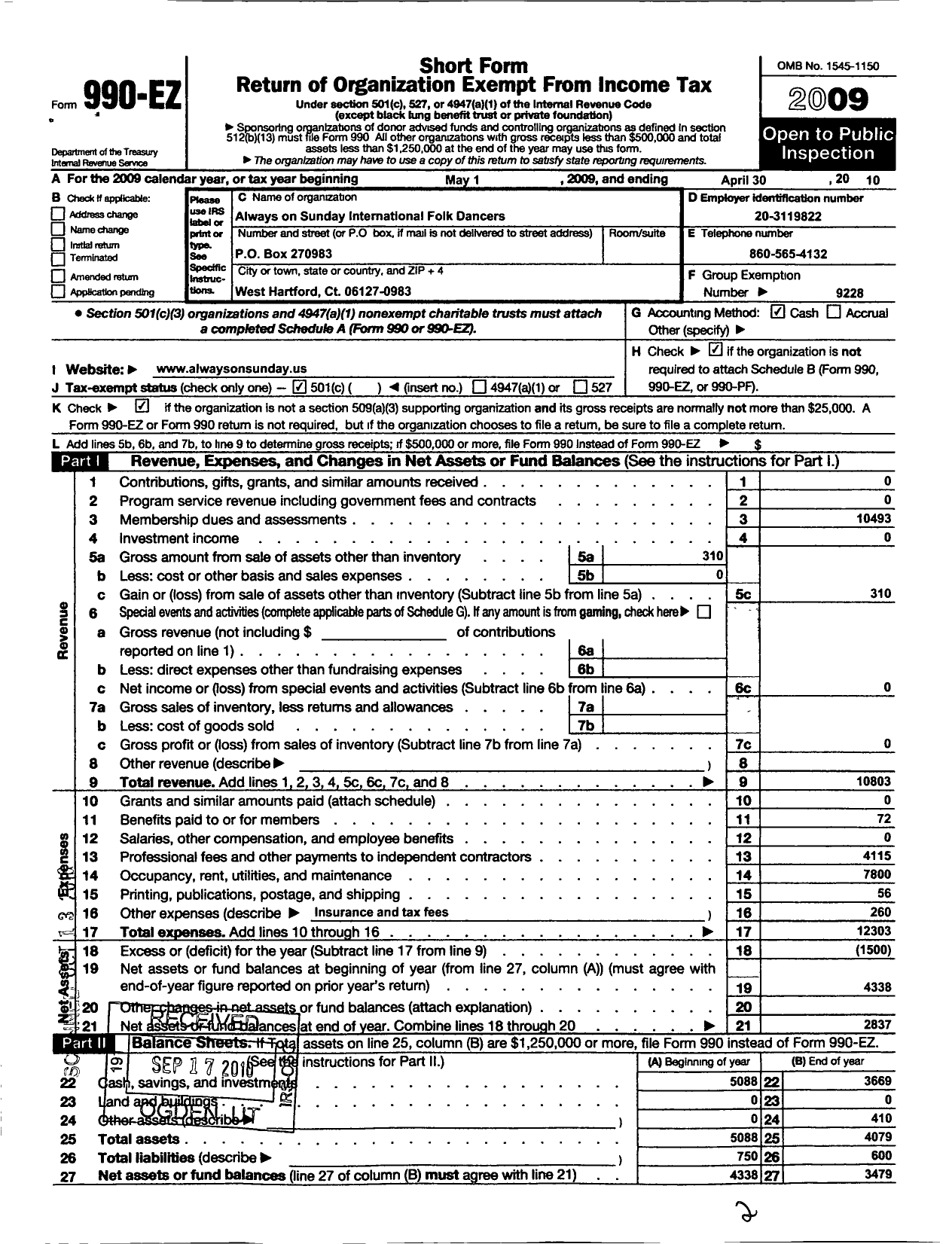 Image of first page of 2009 Form 990EO for Country Dance and Song Society / Always on Sunday Intl Folk Dancers