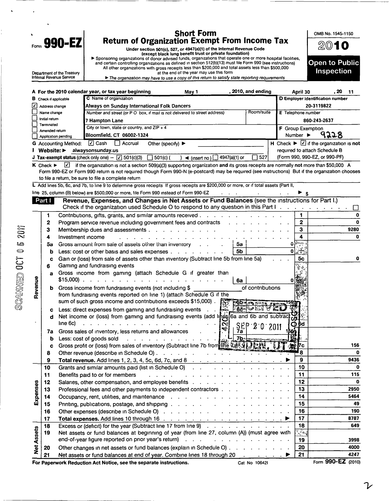 Image of first page of 2010 Form 990EZ for Country Dance and Song Society / Always on Sunday Intl Folk Dancers