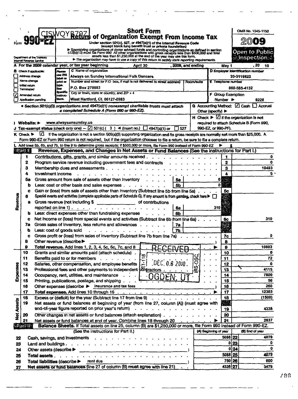 Image of first page of 2009 Form 990ER for Country Dance and Song Society / Always on Sunday Intl Folk Dancers