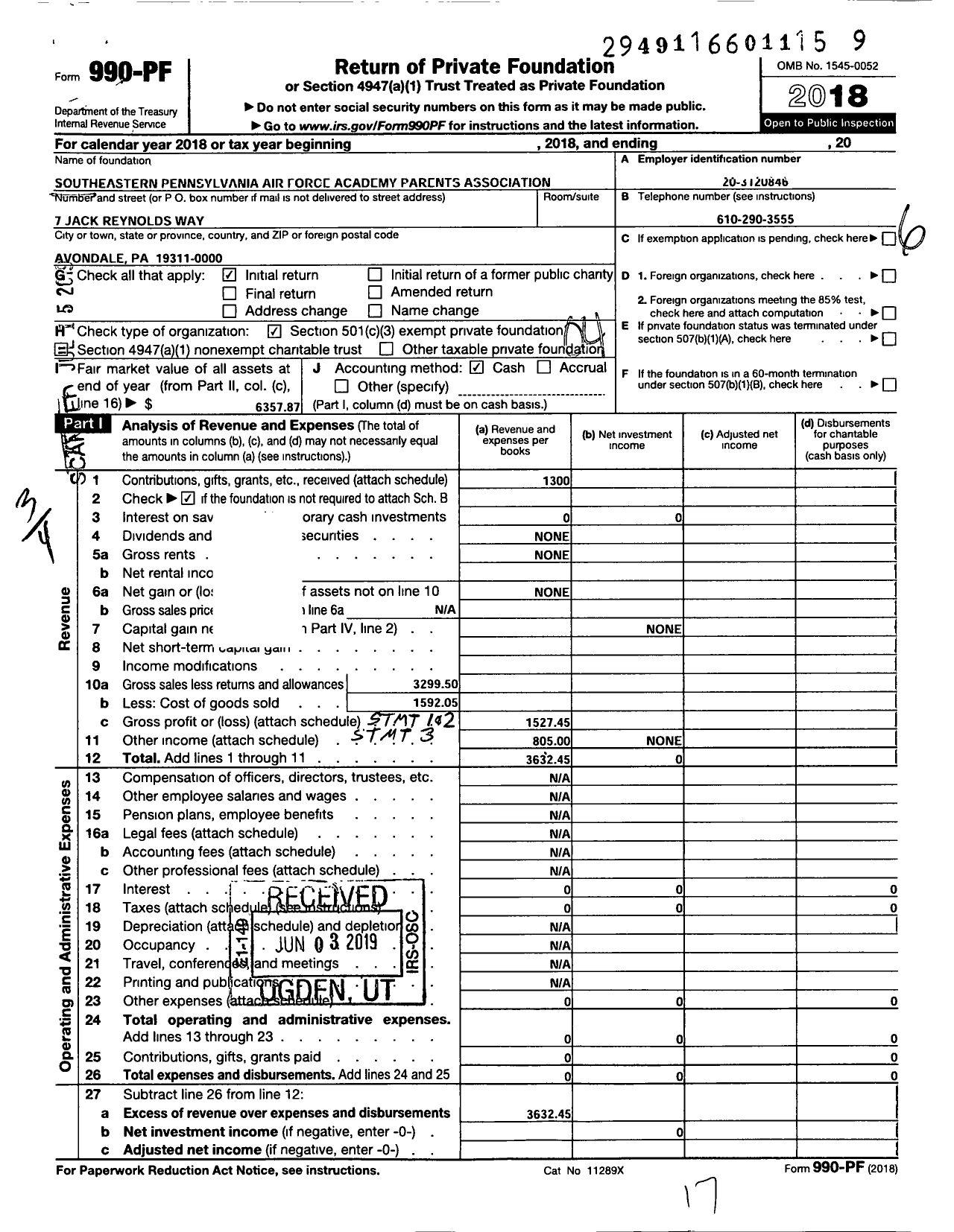 Image of first page of 2018 Form 990PF for Southeastern Pennsylvania Air Force Academy Parents Association (SEPAFAPA)