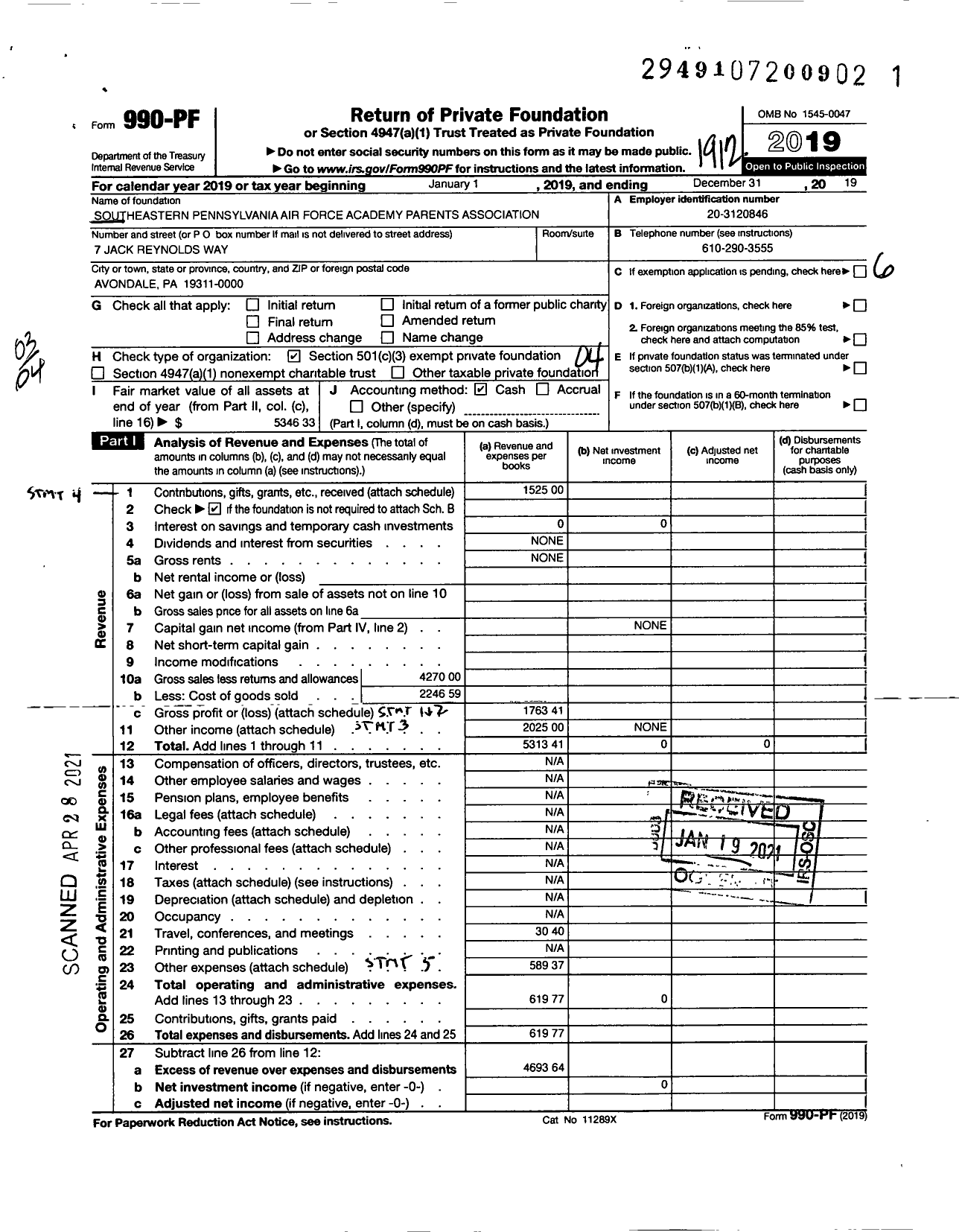 Image of first page of 2019 Form 990PF for Southeastern Pennsylvania Air Force Academy Parents Association (SEPAFAPA)