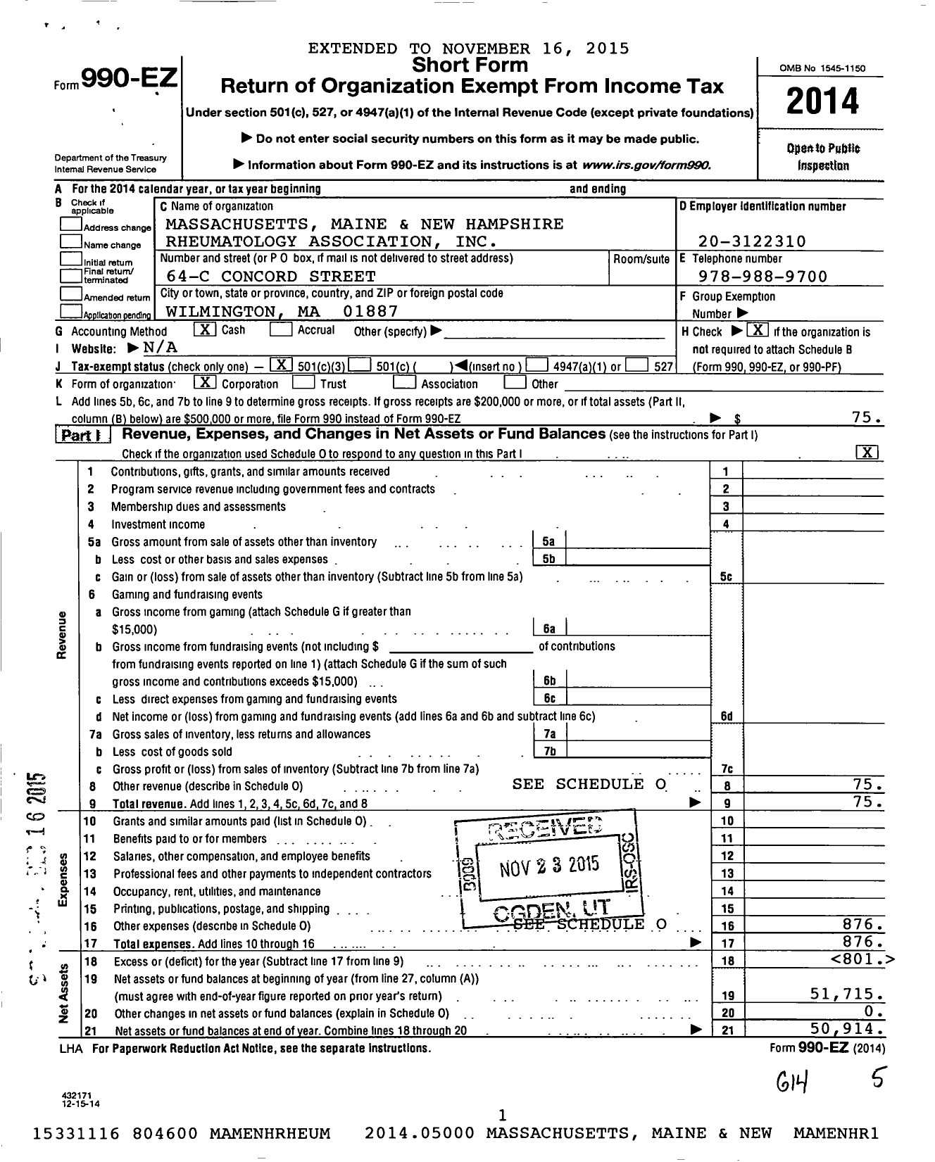 Image of first page of 2014 Form 990EZ for Massachusetts Maine and New Hampshire Rheumatology Association