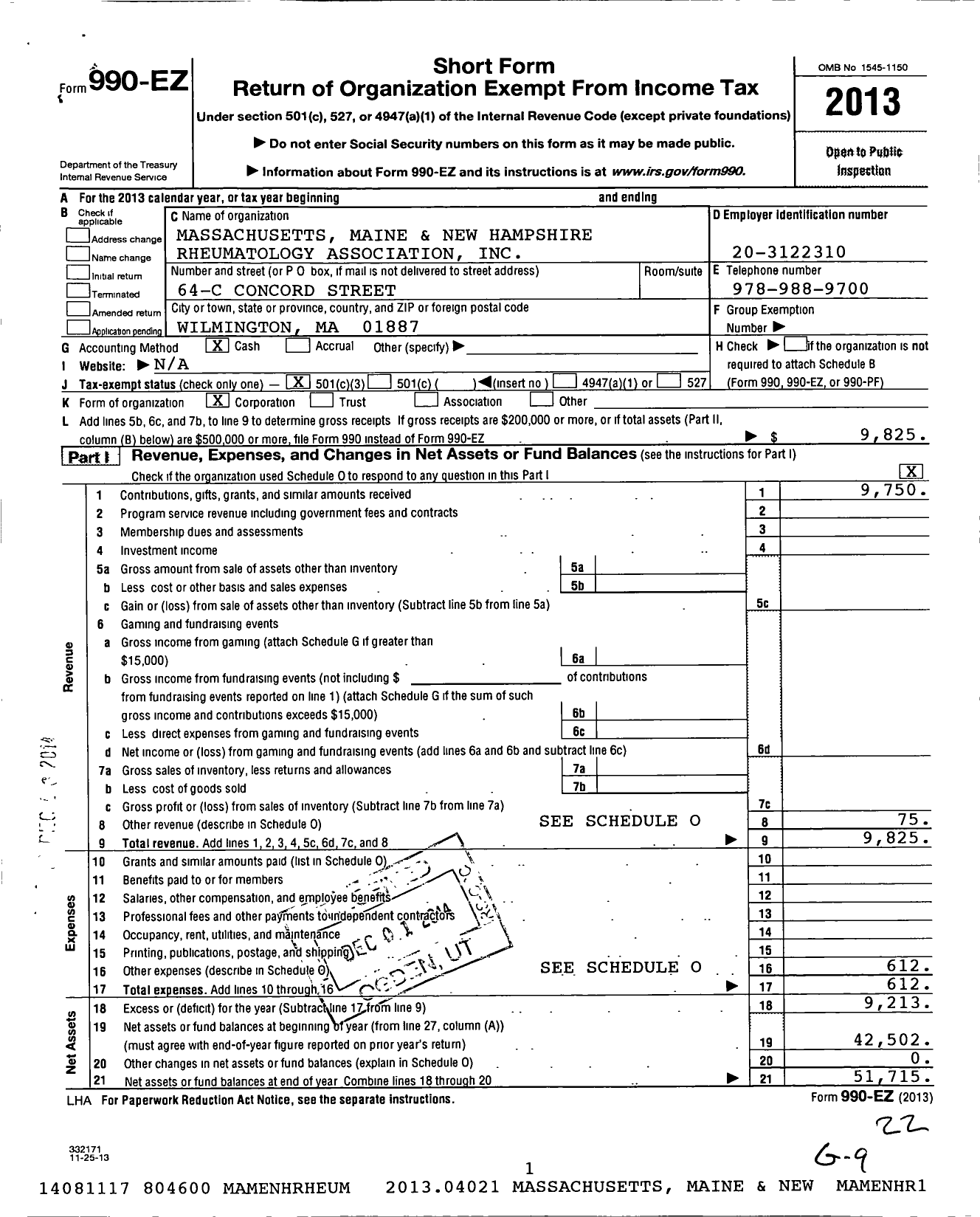 Image of first page of 2013 Form 990EZ for Massachusetts Maine and New Hampshire Rheumatology Association