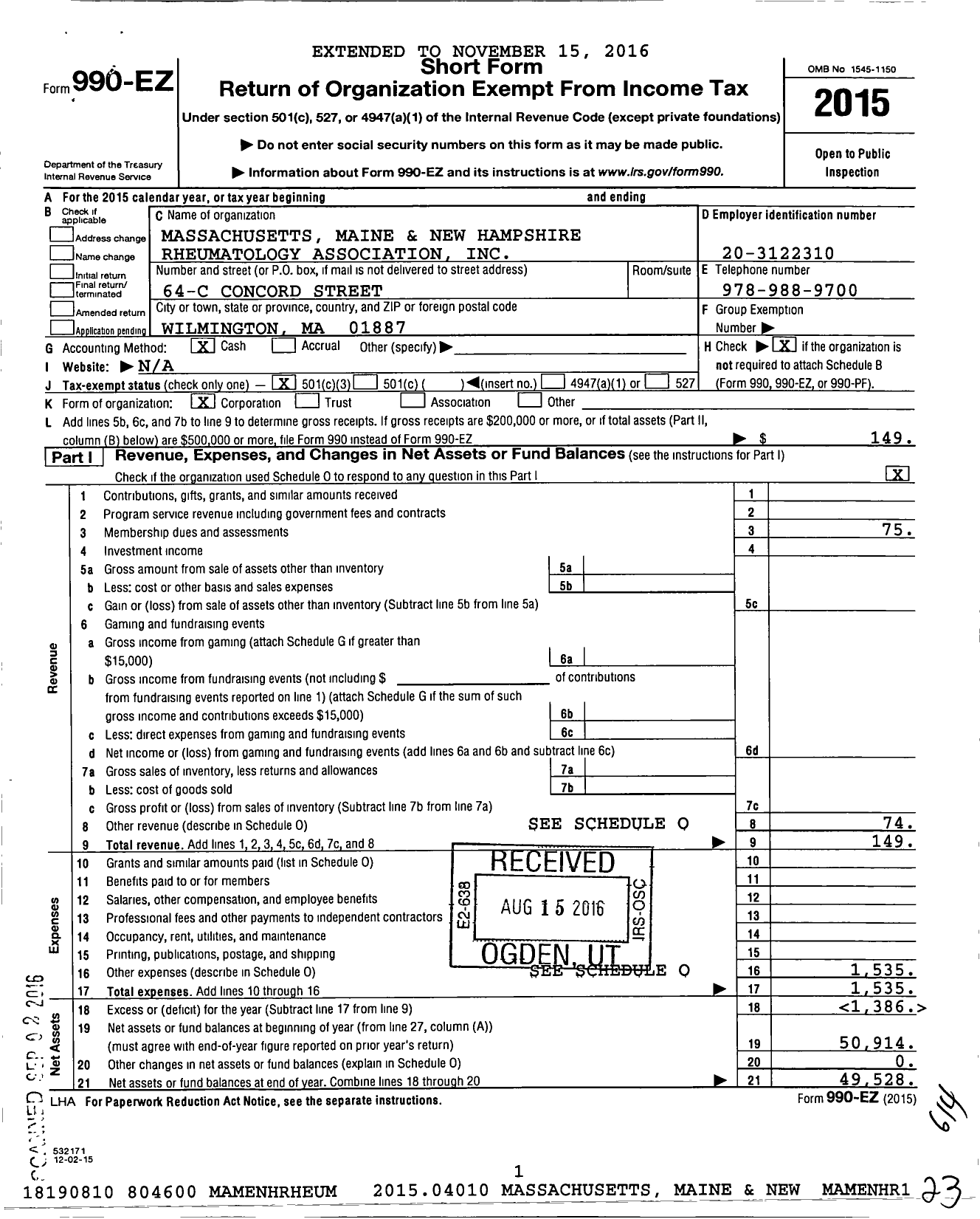 Image of first page of 2015 Form 990EZ for Massachusetts Maine and New Hampshire Rheumatology Association