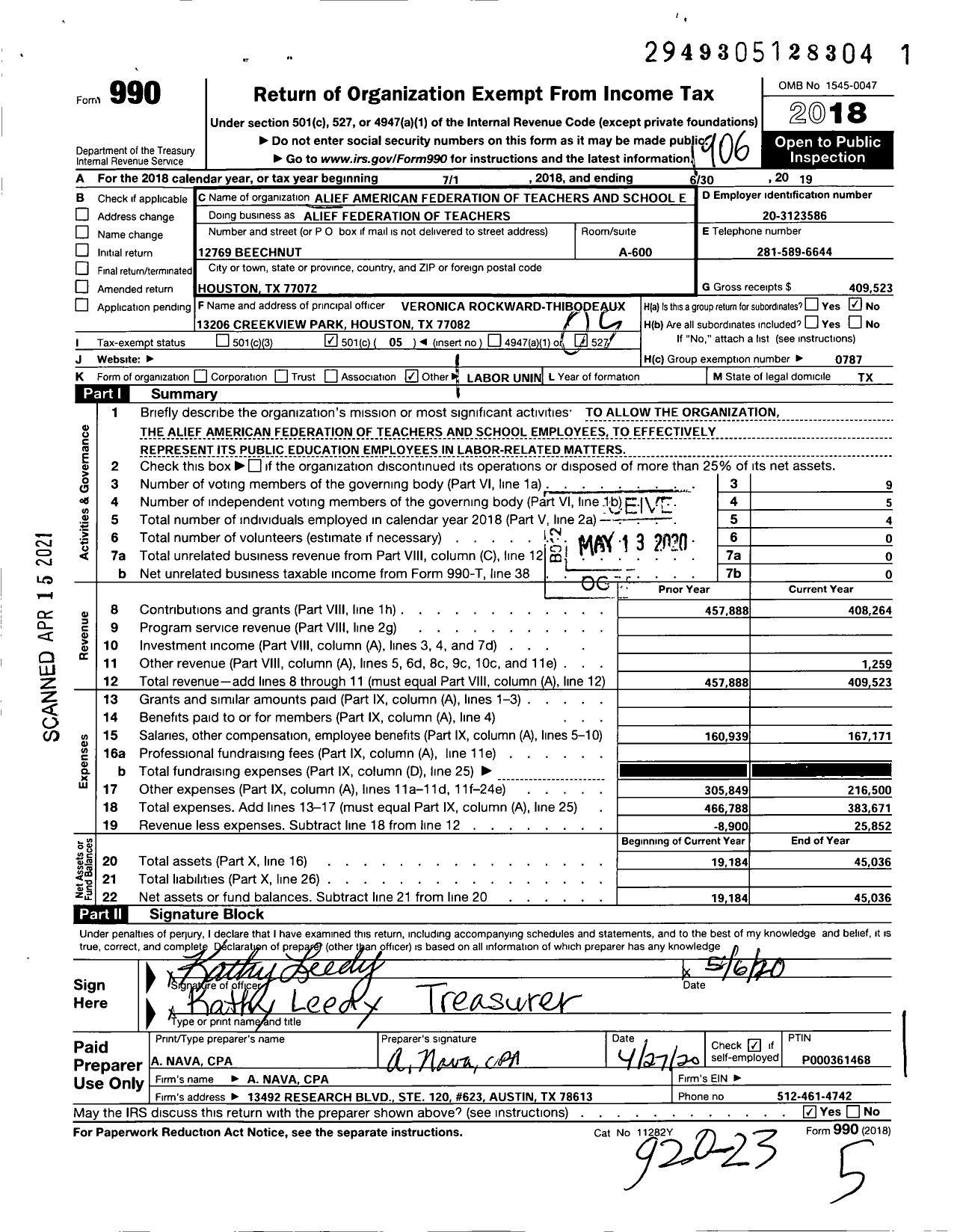 Image of first page of 2018 Form 990O for American Federation of Teachers - Alief American Federation of Teachers and School Employees