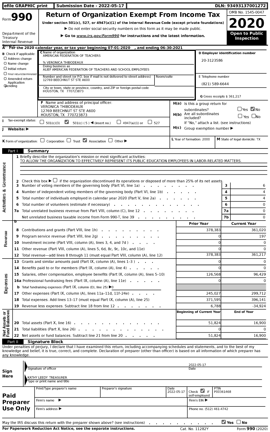 Image of first page of 2020 Form 990 for American Federation of Teachers - Alief American Federation of Teachers and School Employees