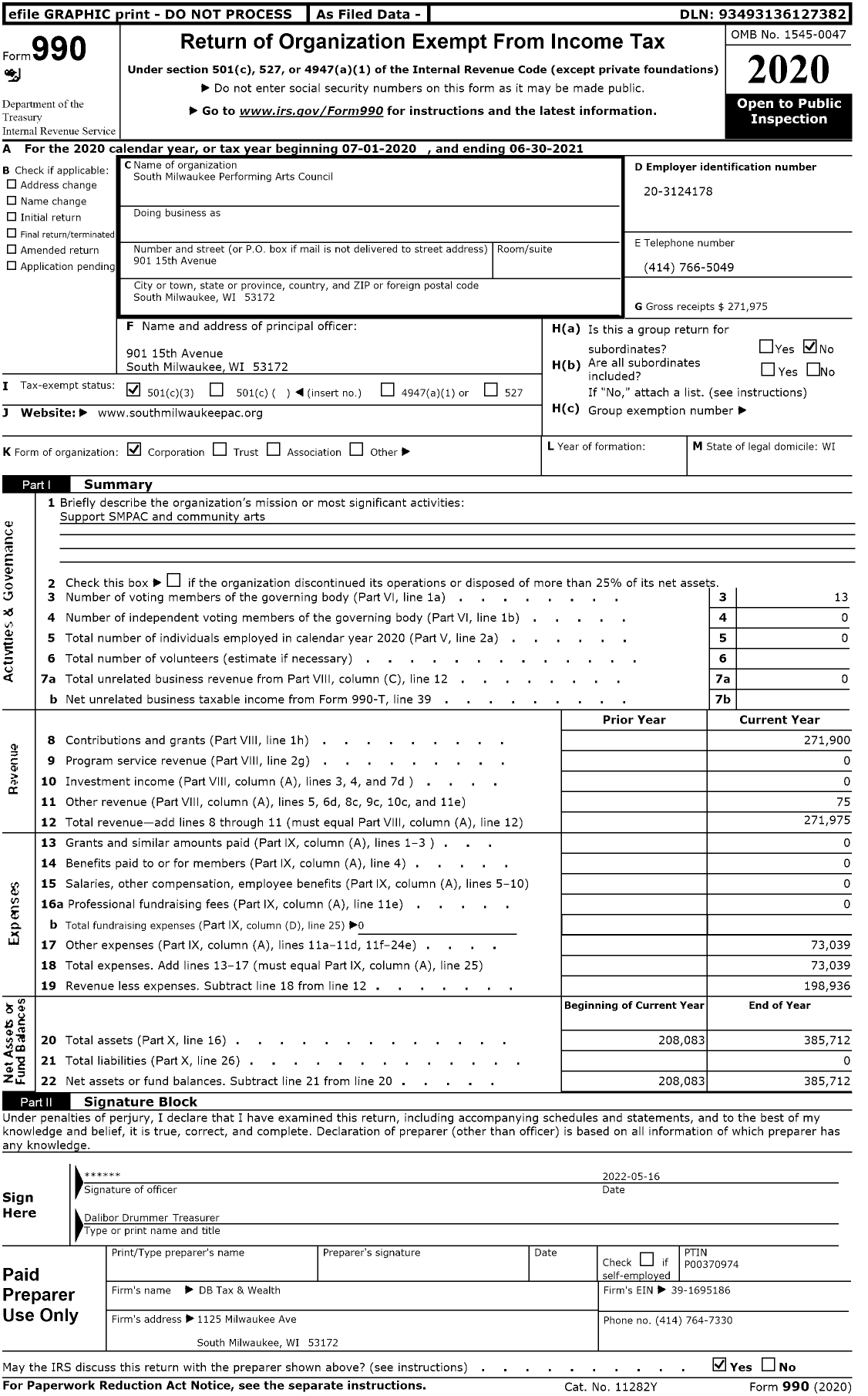 Image of first page of 2020 Form 990 for South Milwaukee Performing Arts Council