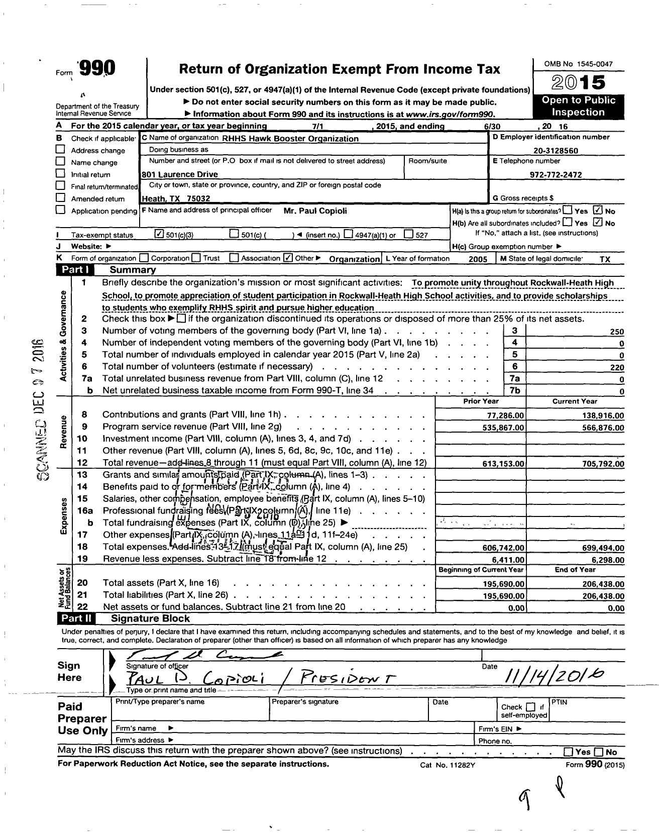 Image of first page of 2015 Form 990 for Rockwall-Heath Hawks.