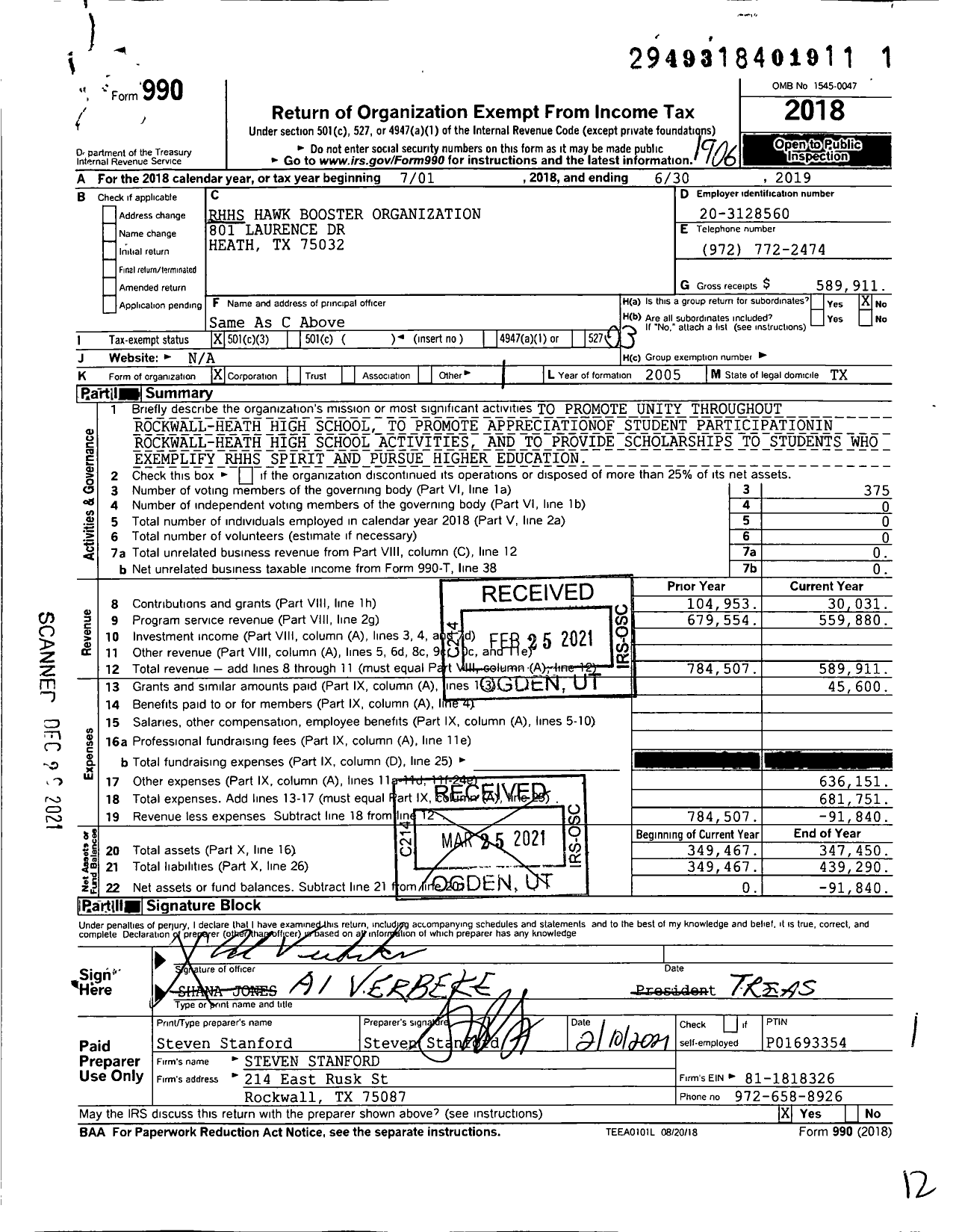 Image of first page of 2018 Form 990 for Rockwall-Heath Hawks.