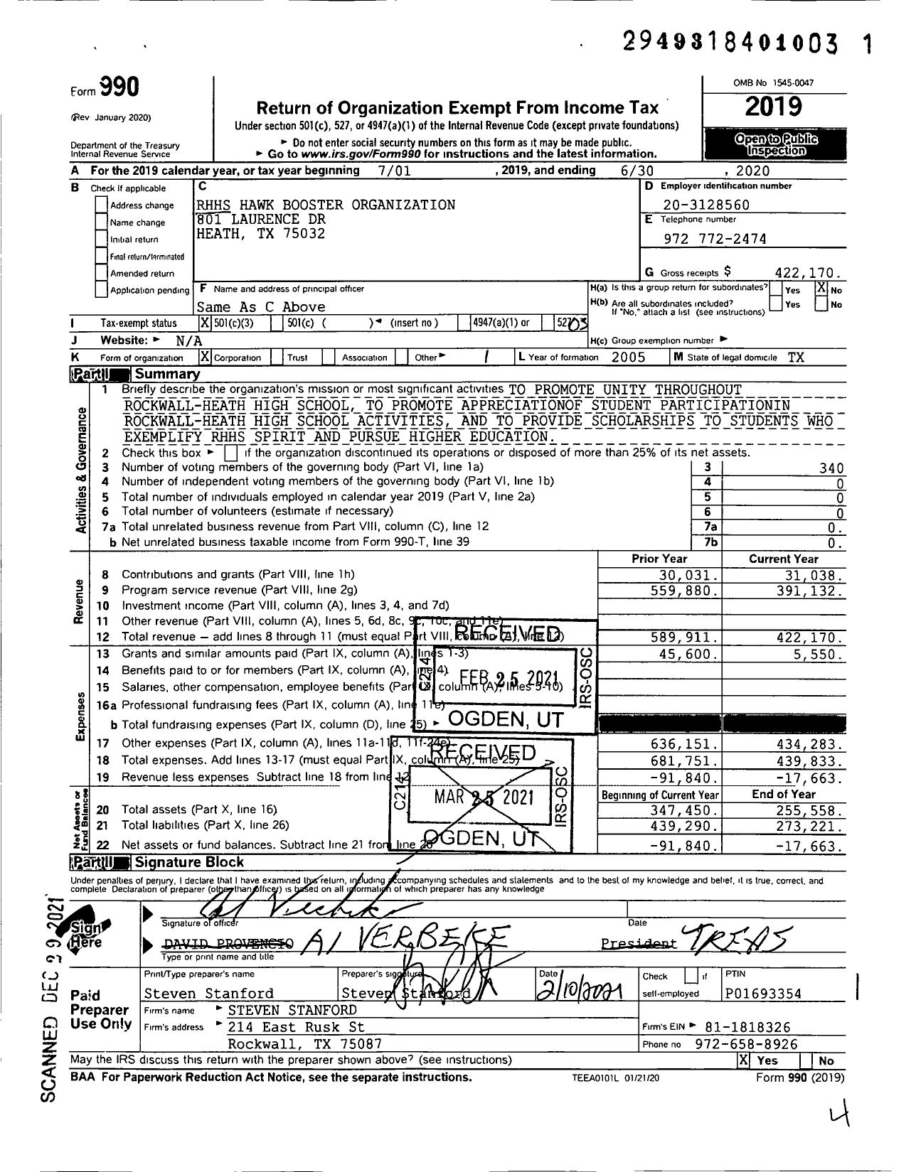 Image of first page of 2019 Form 990 for Rockwall-Heath Hawks.