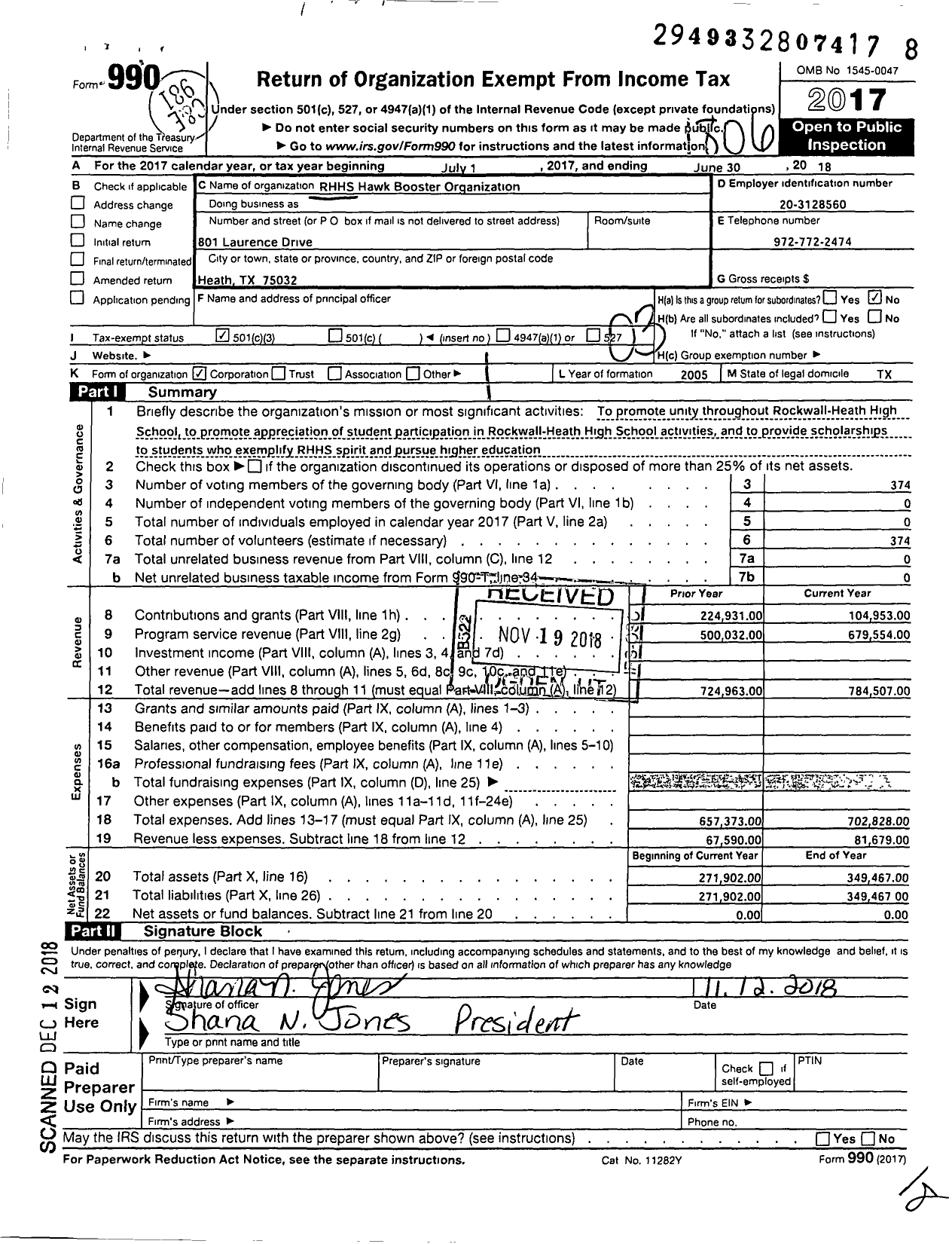 Image of first page of 2017 Form 990 for Rockwall-Heath Hawks.