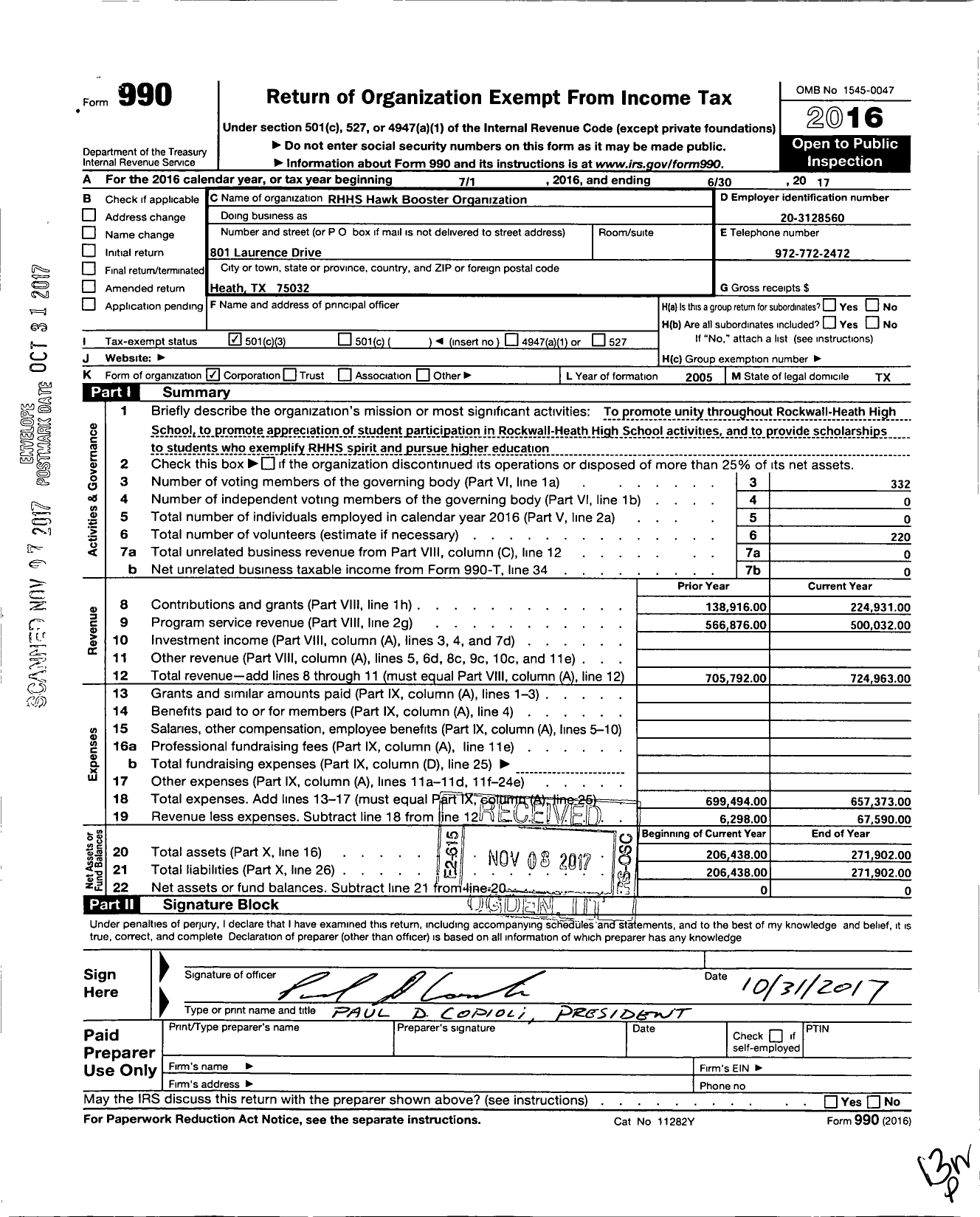 Image of first page of 2016 Form 990 for Rockwall-Heath Hawks.