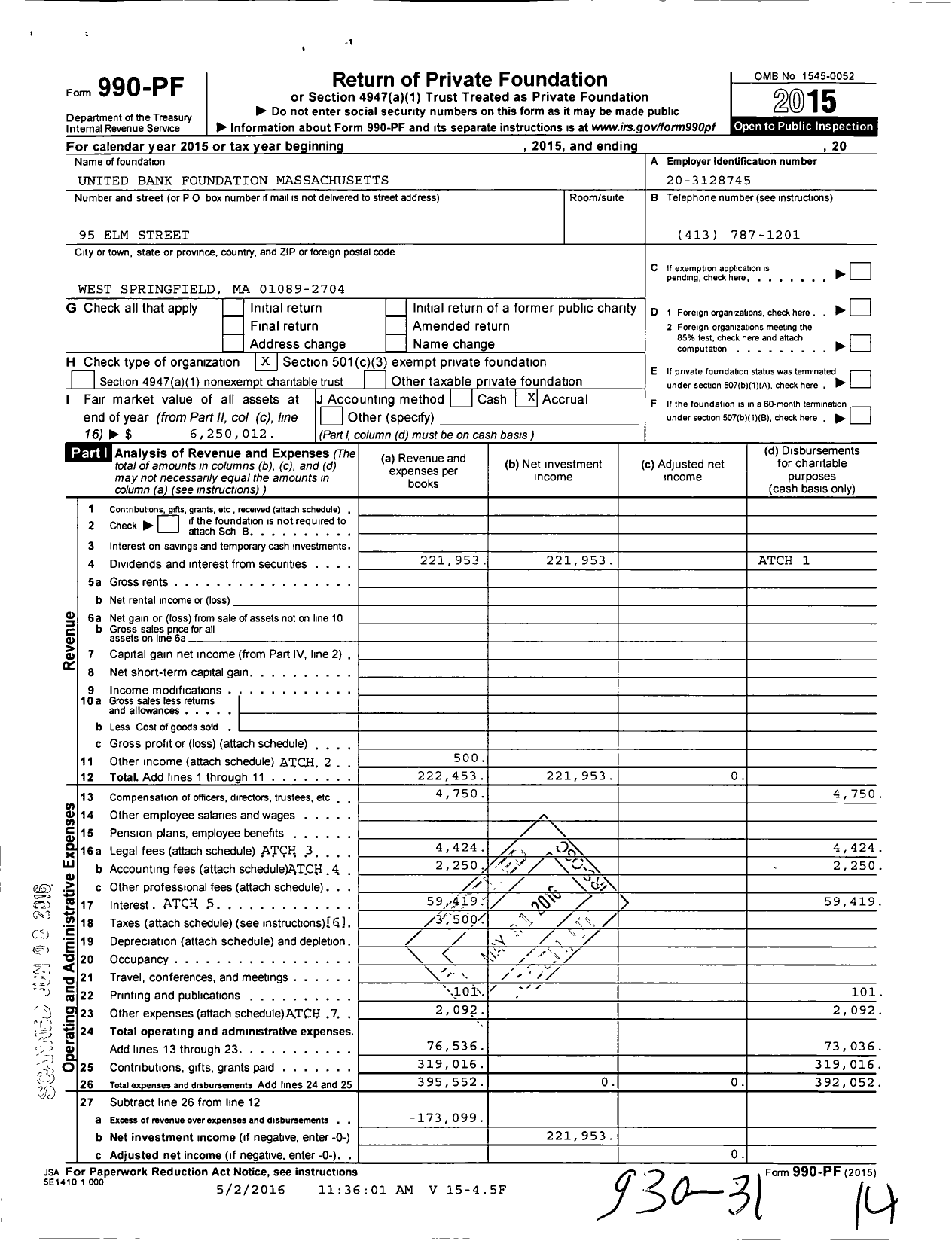 Image of first page of 2015 Form 990PF for United Bank Foundation Massachusetts
