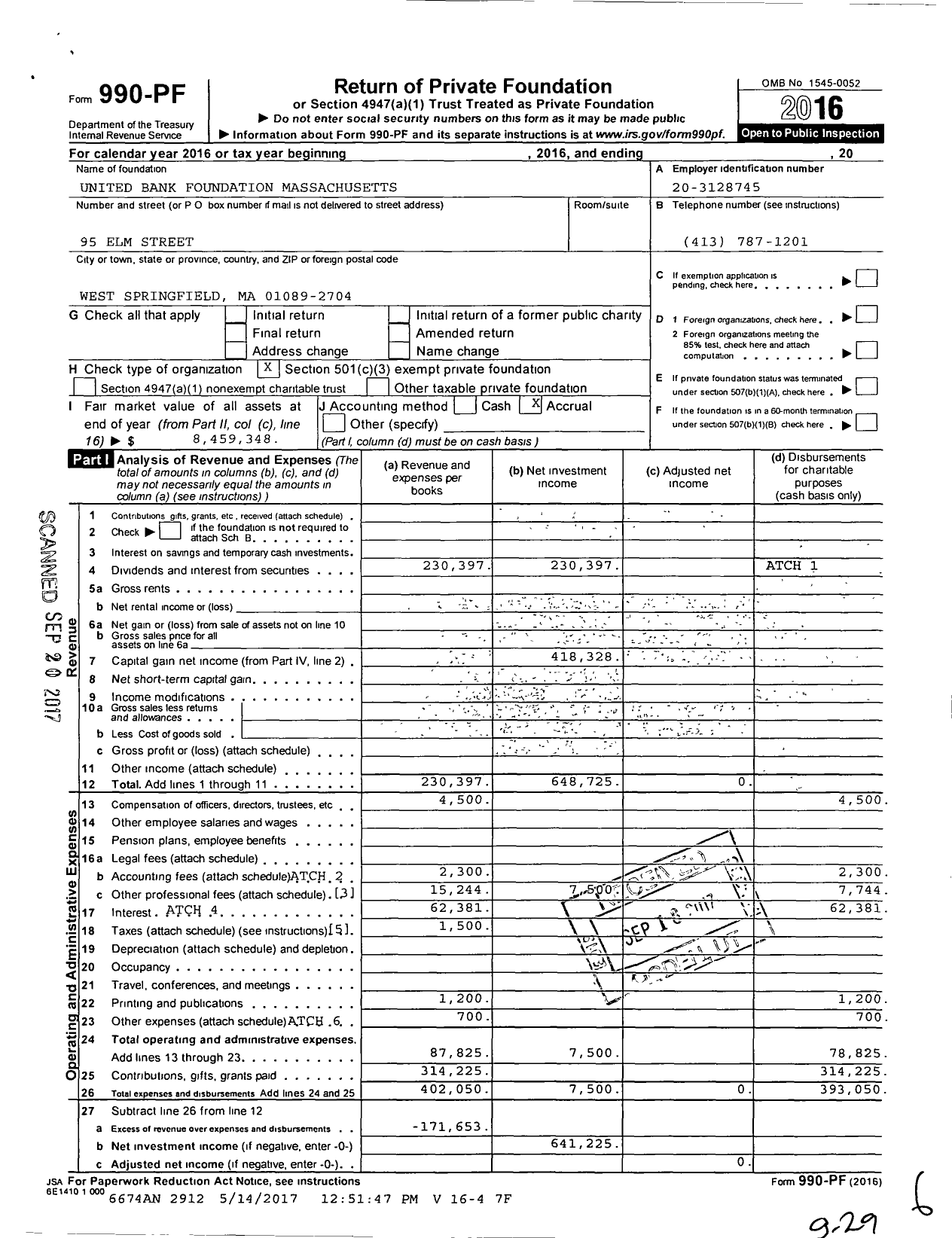 Image of first page of 2016 Form 990PF for United Bank Foundation Massachusetts