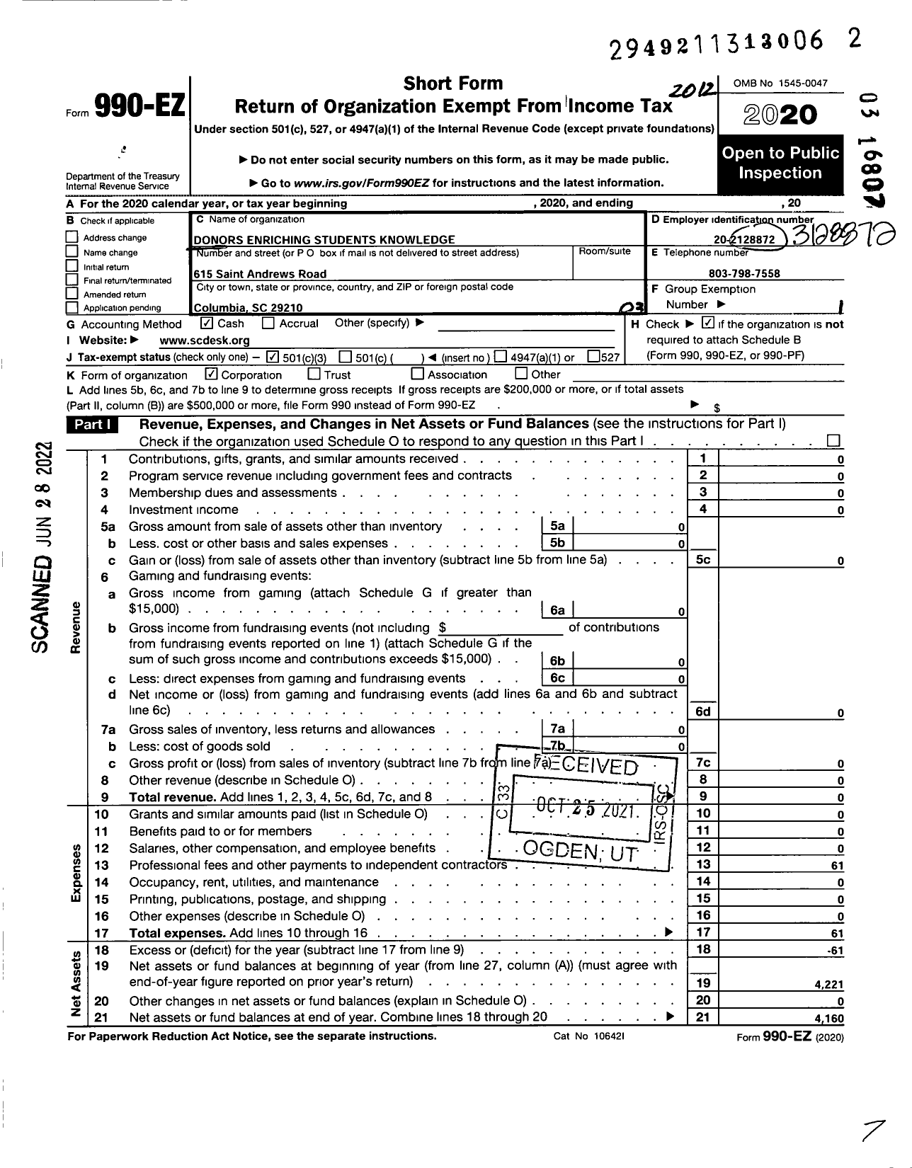 Image of first page of 2020 Form 990EZ for Donors Enriching Students Knowledge