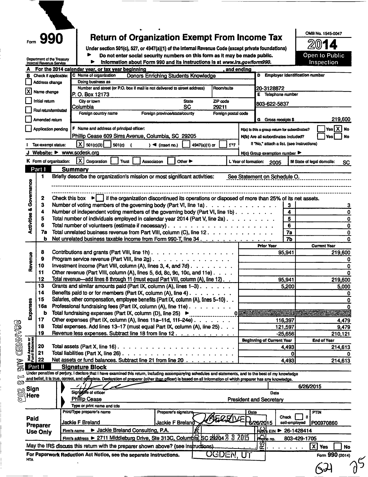 Image of first page of 2014 Form 990 for Donors Enriching Students Knowledge