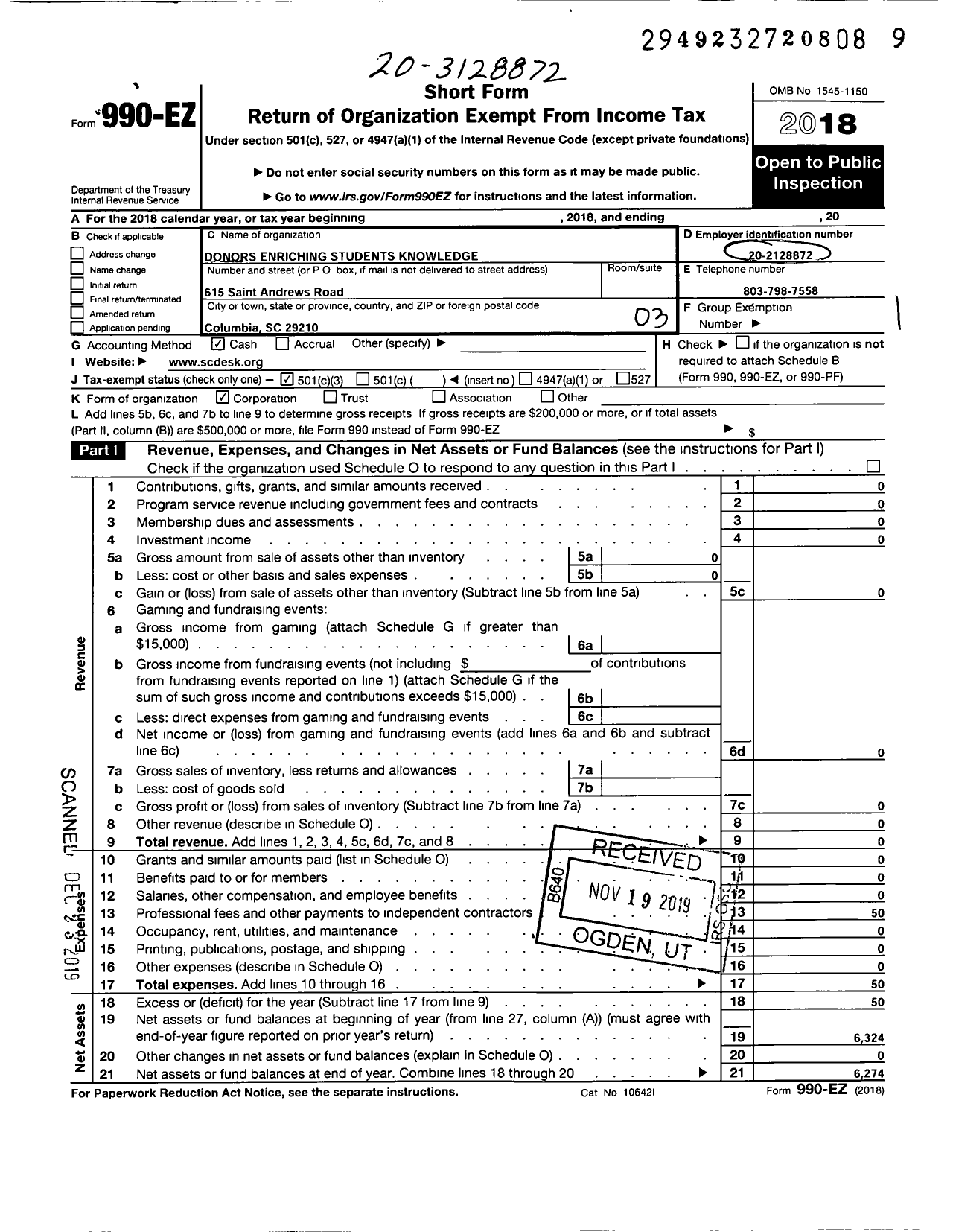 Image of first page of 2018 Form 990EZ for Donors Enriching Students Knowledge