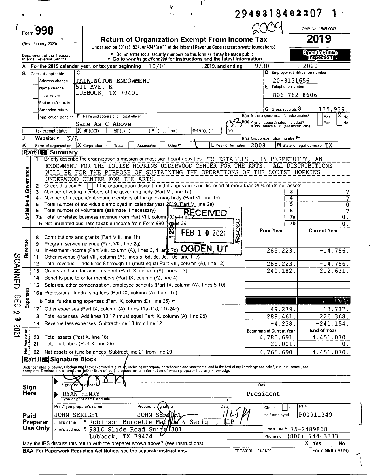 Image of first page of 2019 Form 990 for Talkington Endowment