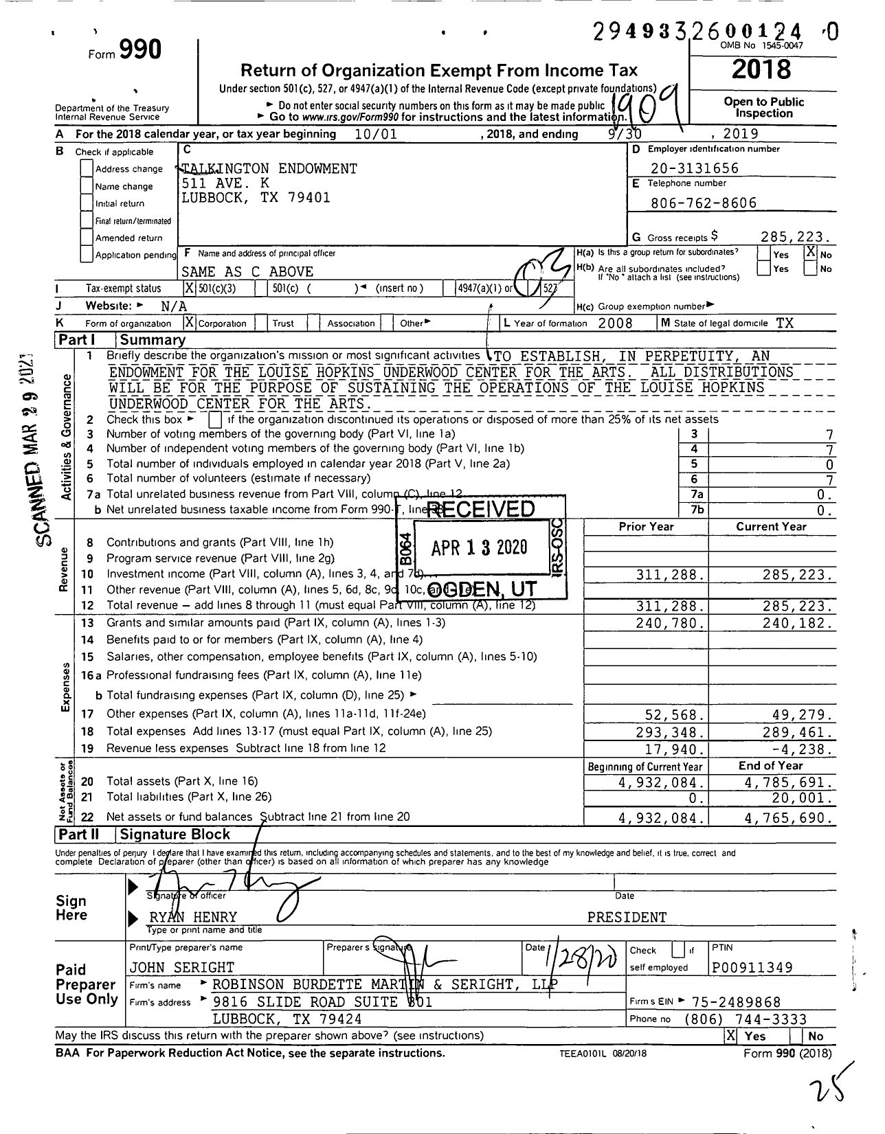 Image of first page of 2018 Form 990 for Talkington Endowment