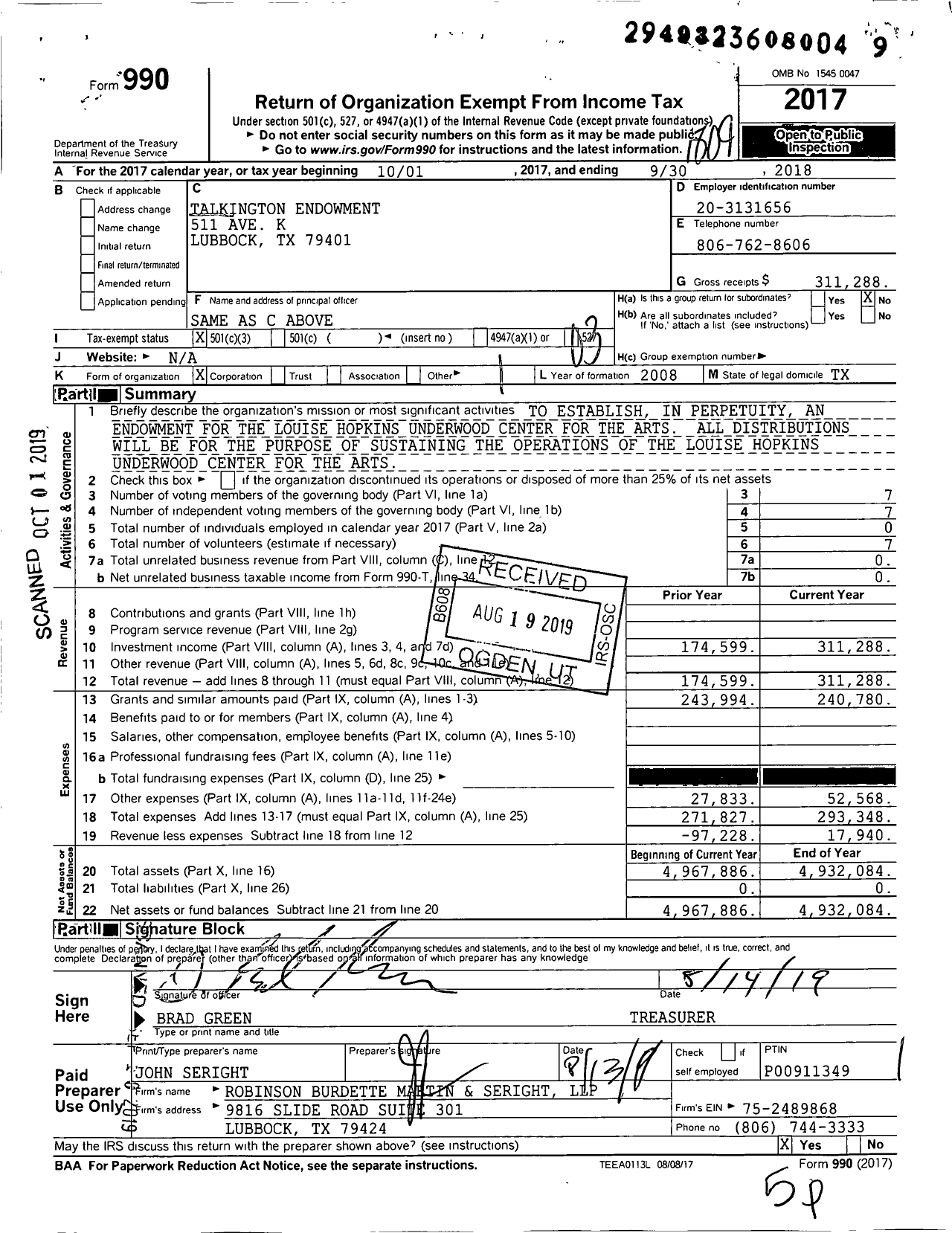 Image of first page of 2017 Form 990 for Talkington Endowment