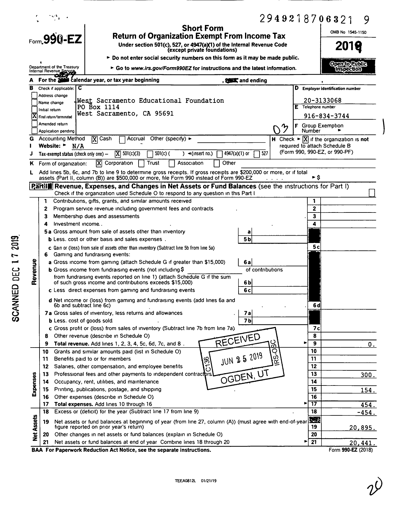 Image of first page of 2019 Form 990EZ for West Sacramento Educational Foundation