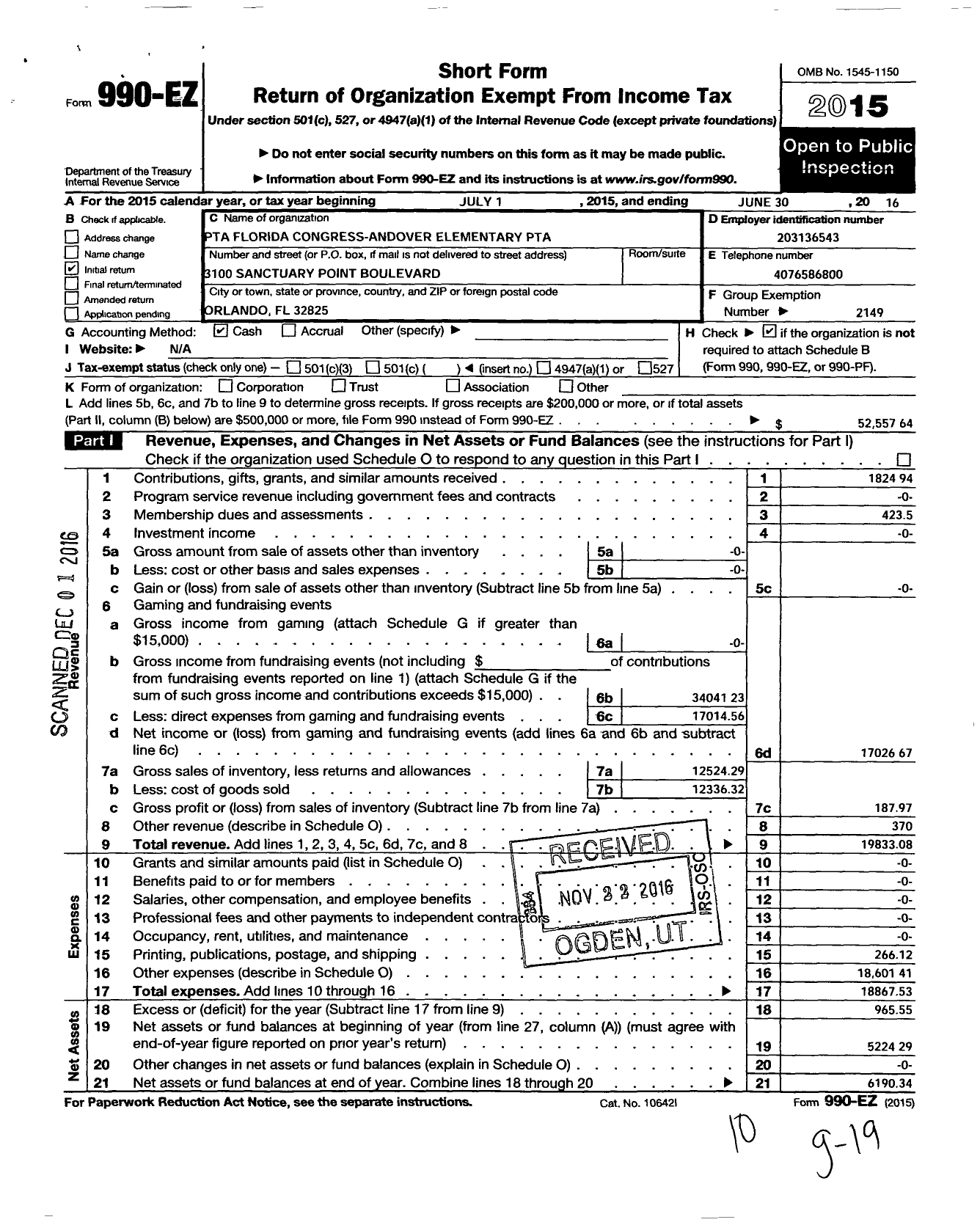 Image of first page of 2015 Form 990EO for PTA Florida Congress - Andover Elementary PTA