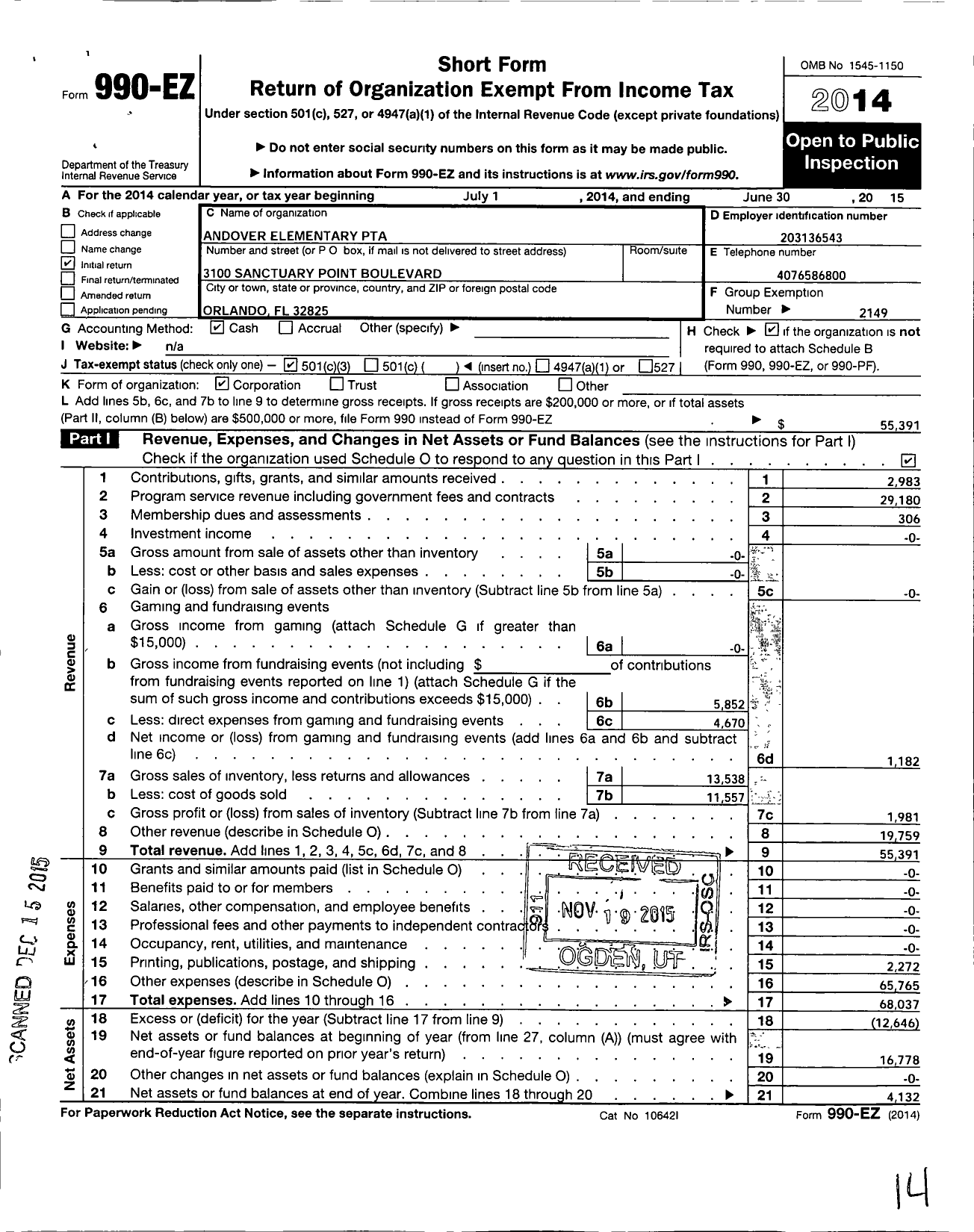 Image of first page of 2014 Form 990EZ for PTA Florida Congress - Andover Elementary PTA