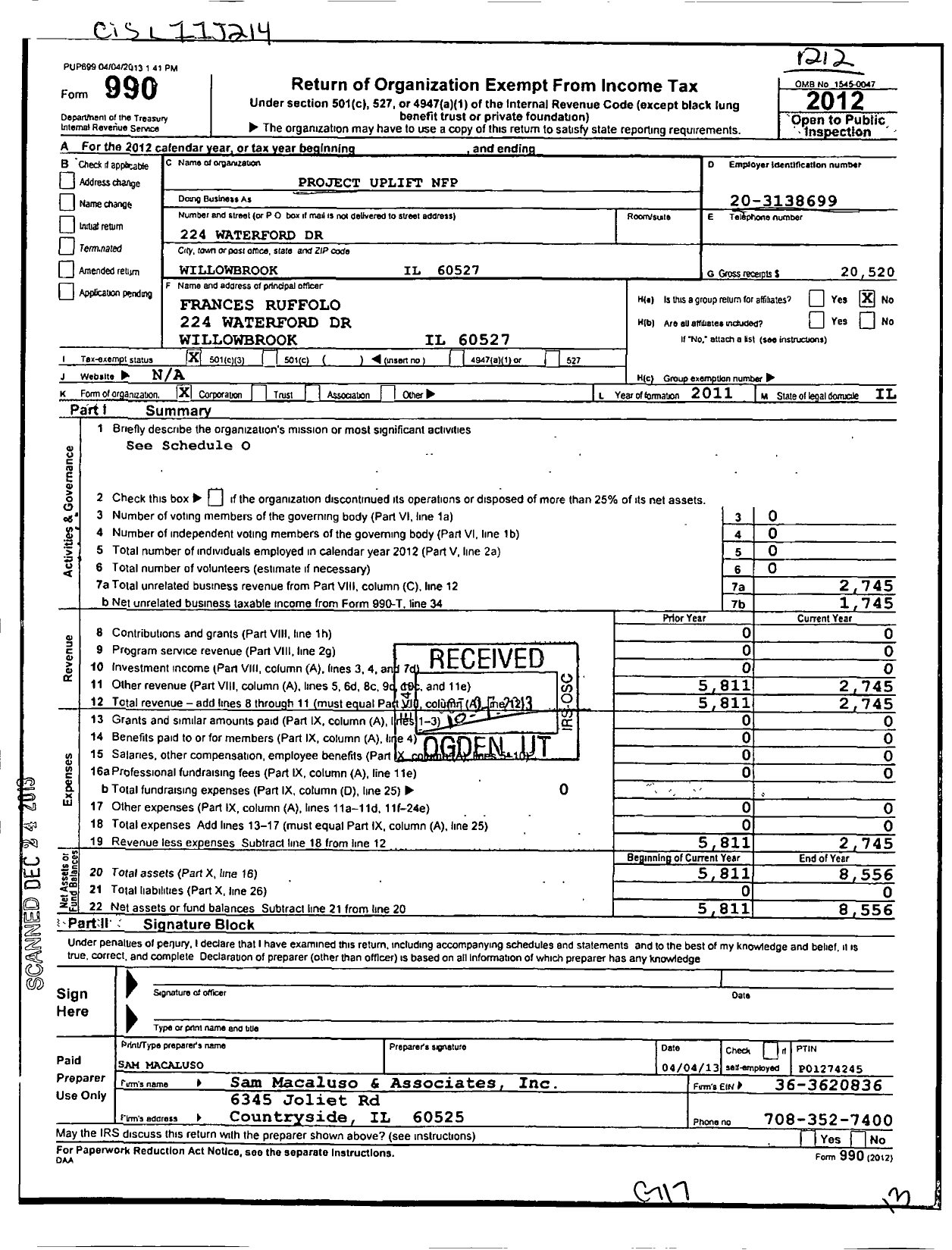 Image of first page of 2012 Form 990 for Project Uplift NFP