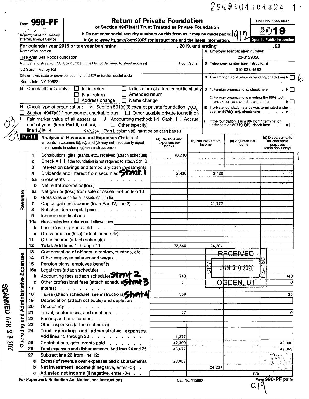 Image of first page of 2019 Form 990PF for Hae Ahm Sea Rock Foundation